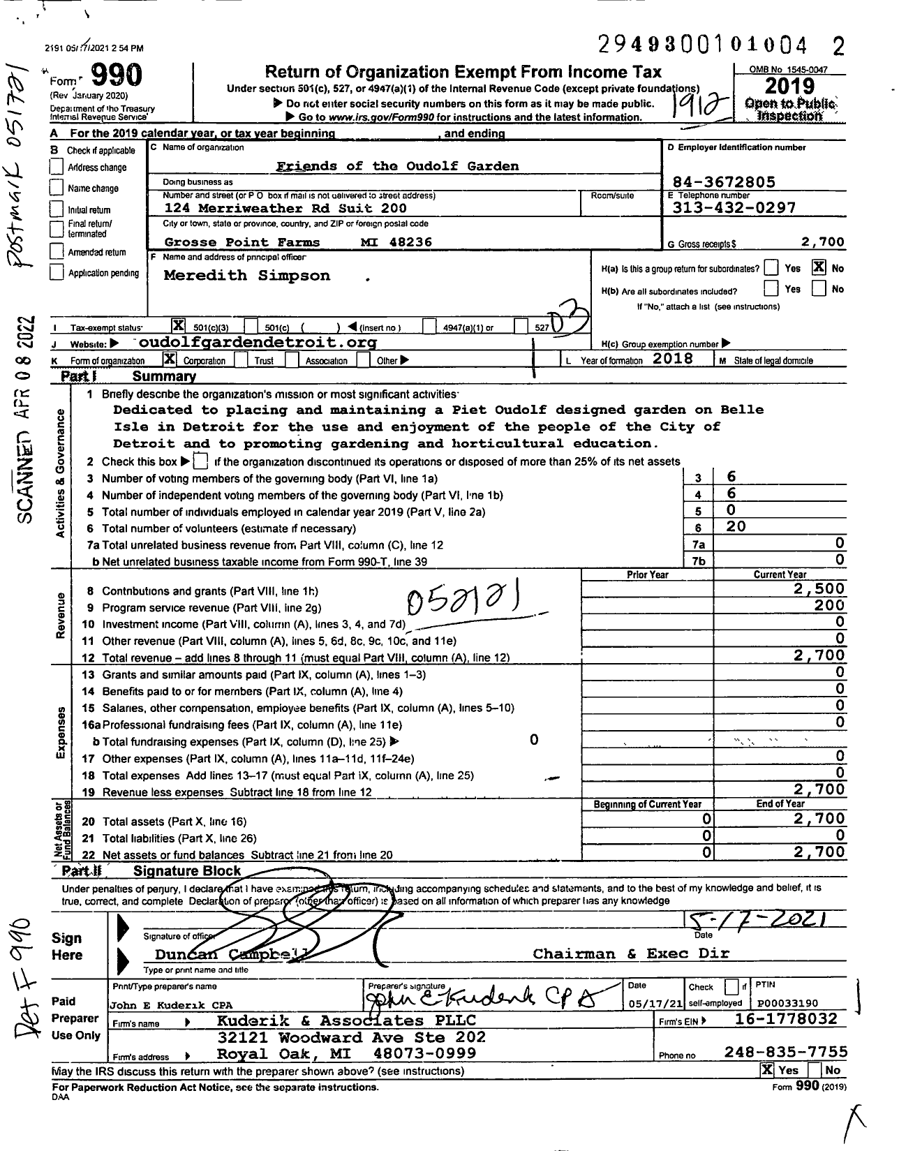 Image of first page of 2019 Form 990 for Friends of the Oudolf Garden