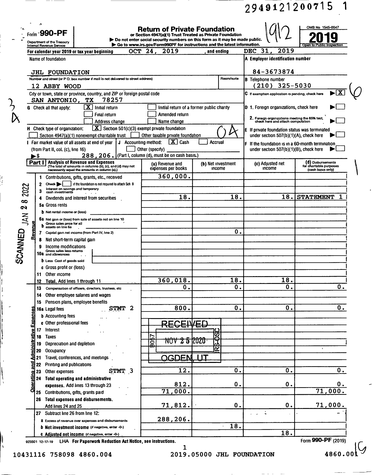 Image of first page of 2019 Form 990PF for JHL Foundation