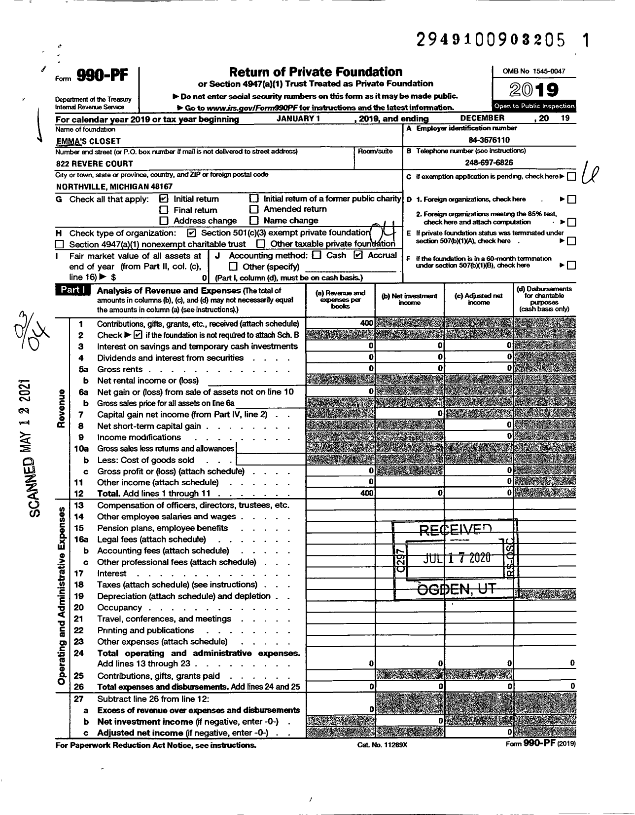 Image of first page of 2019 Form 990PF for Emmas Closet