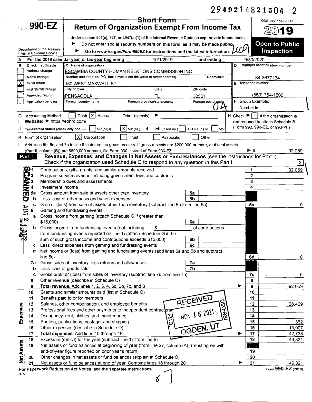 Image of first page of 2019 Form 990EO for Escambia County Human Relations Commission