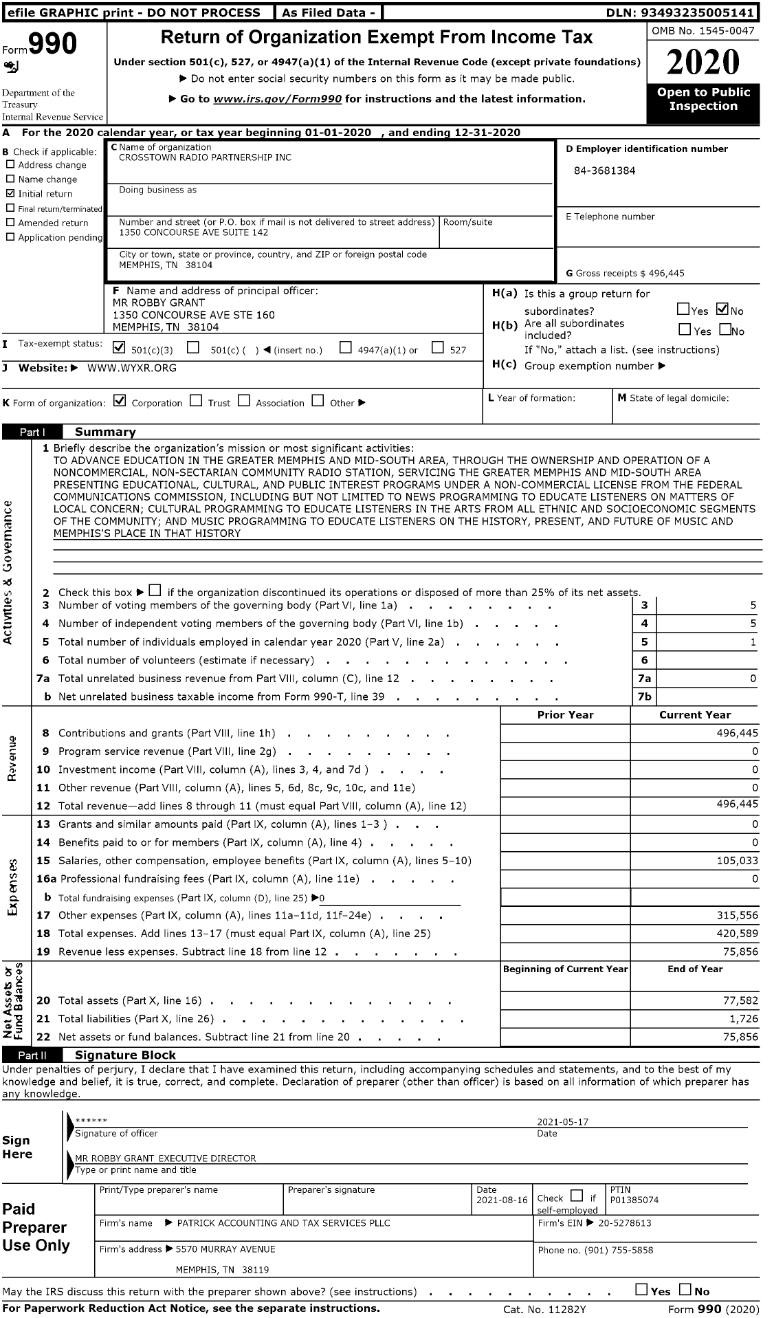 Image of first page of 2020 Form 990 for Crosstown Radio Partnership