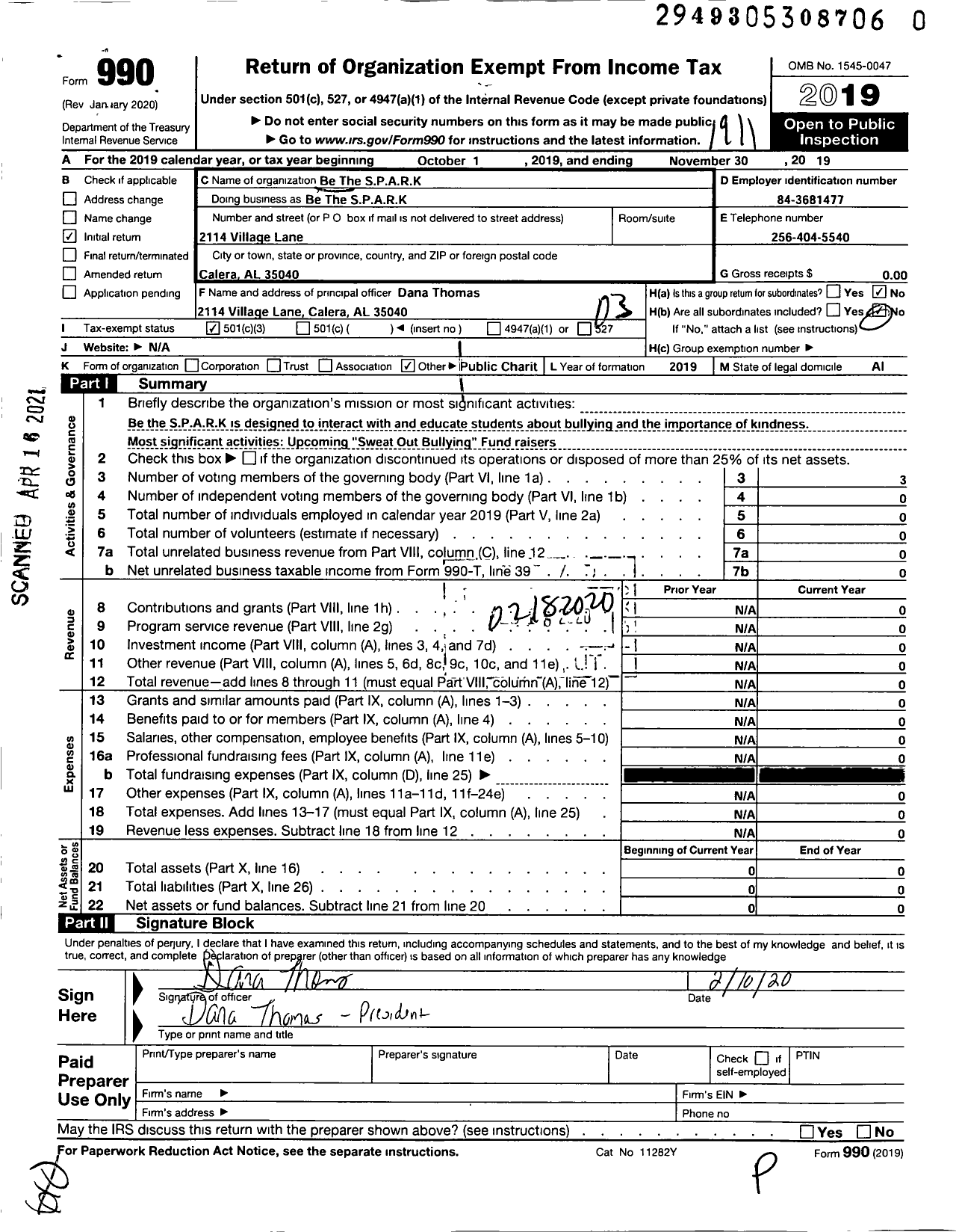 Image of first page of 2018 Form 990 for Be the Spark Foundation Sharing Positivity and Inspiring Random