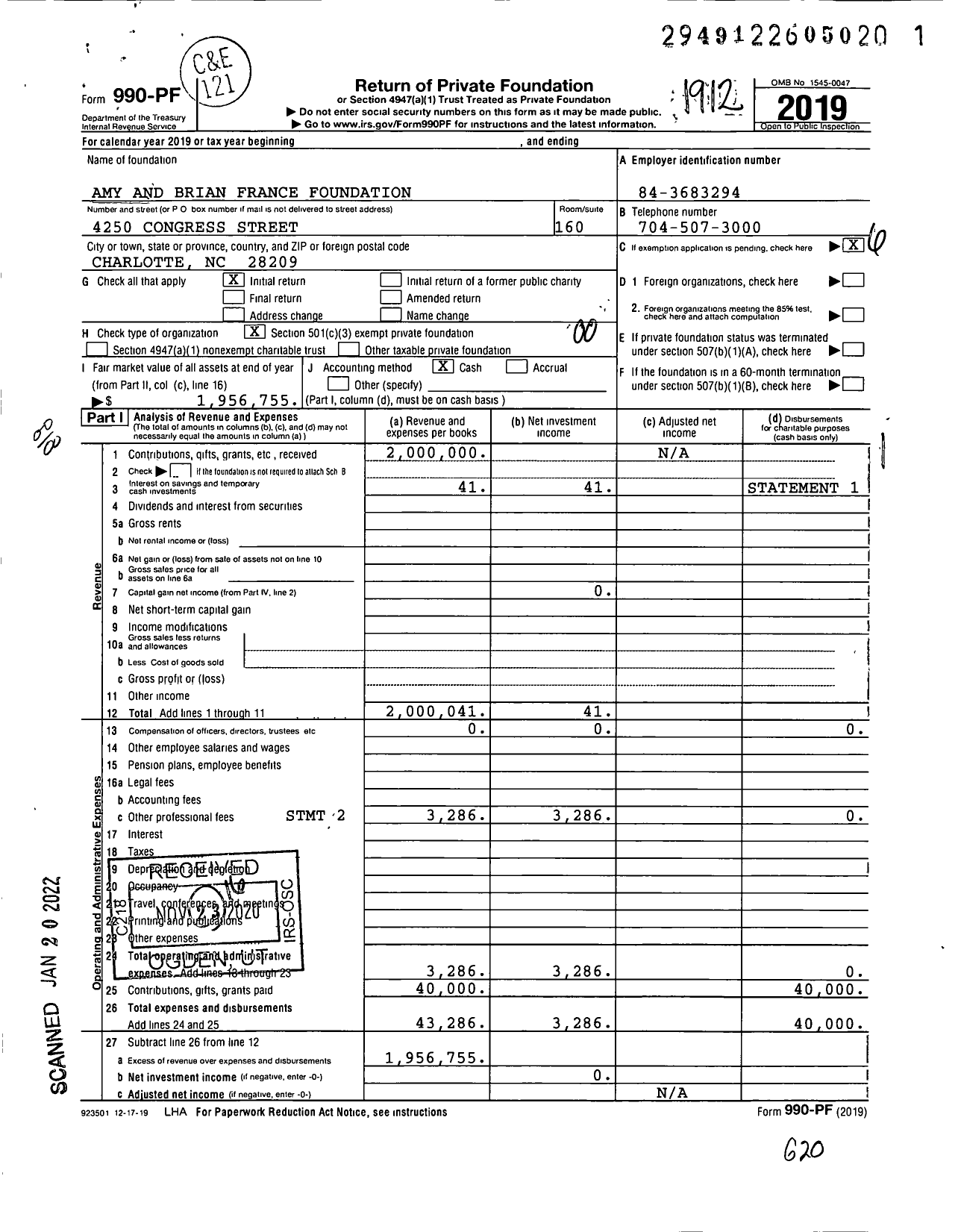 Image of first page of 2019 Form 990PF for Amy and Brian France Foundation