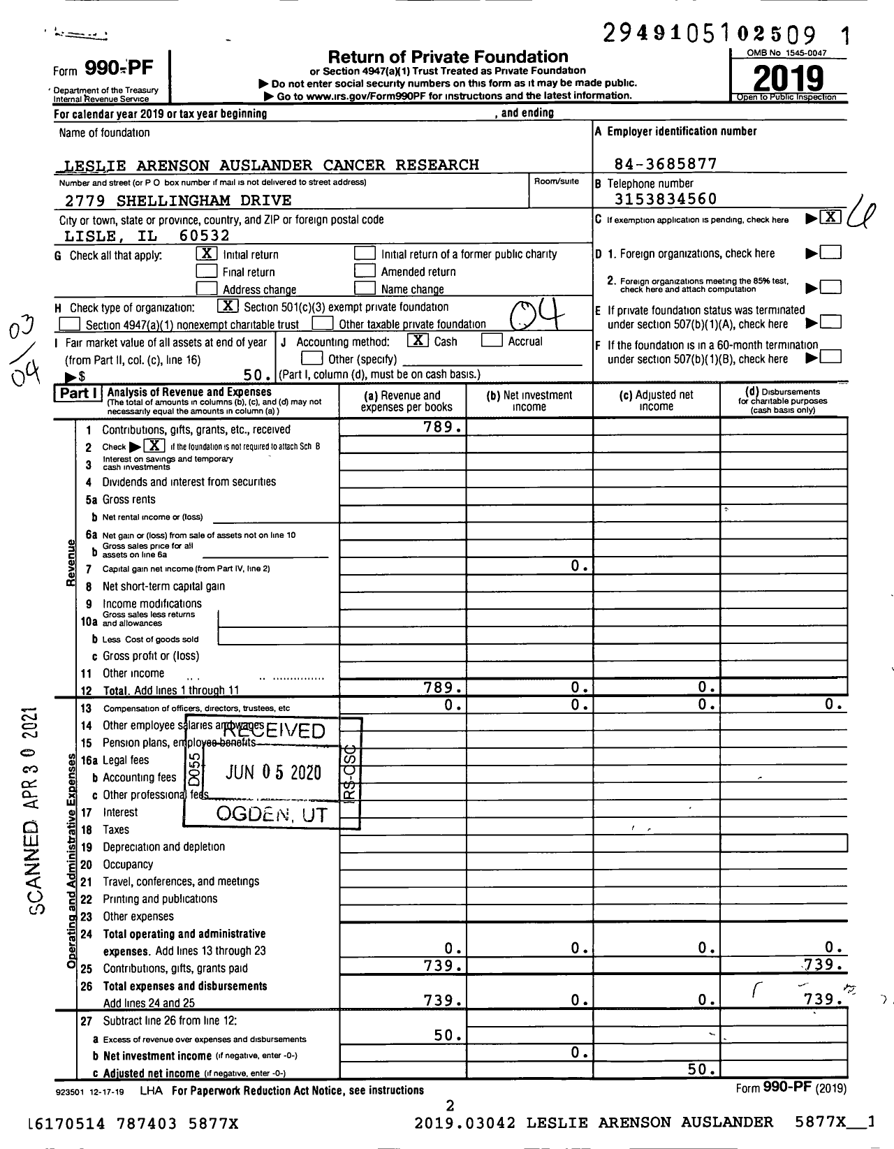 Image of first page of 2019 Form 990PF for Leslie Arenson Cancer Research Foundation