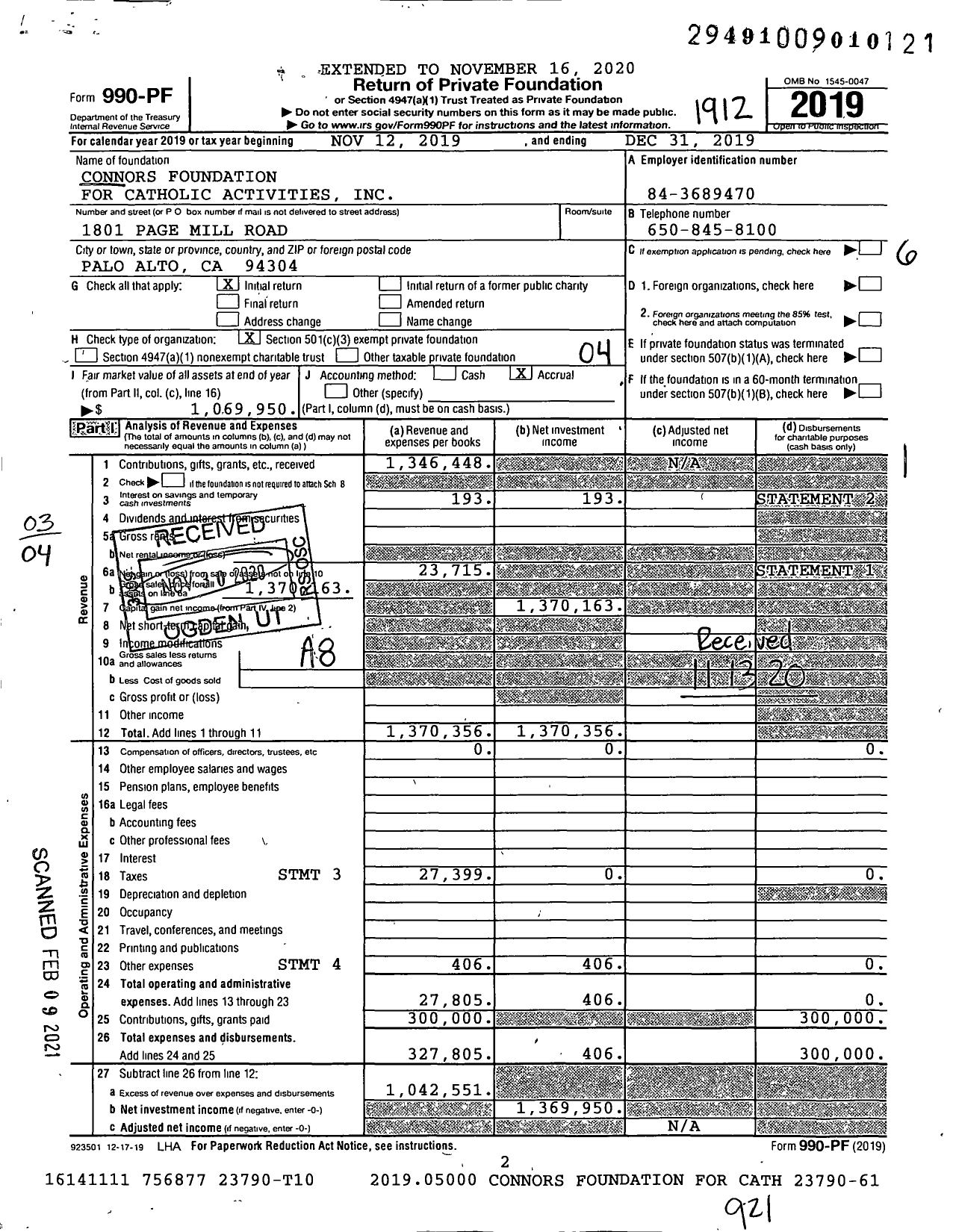 Image of first page of 2019 Form 990PF for Connors Foundation for Catholic Activities