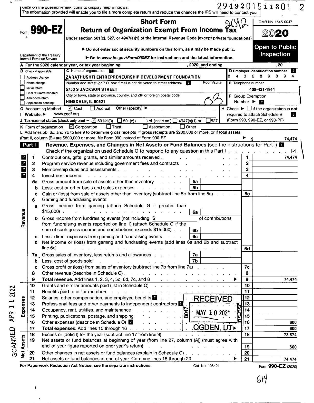Image of first page of 2020 Form 990EZ for Zarathushti Entrepreneurship Development Foundation