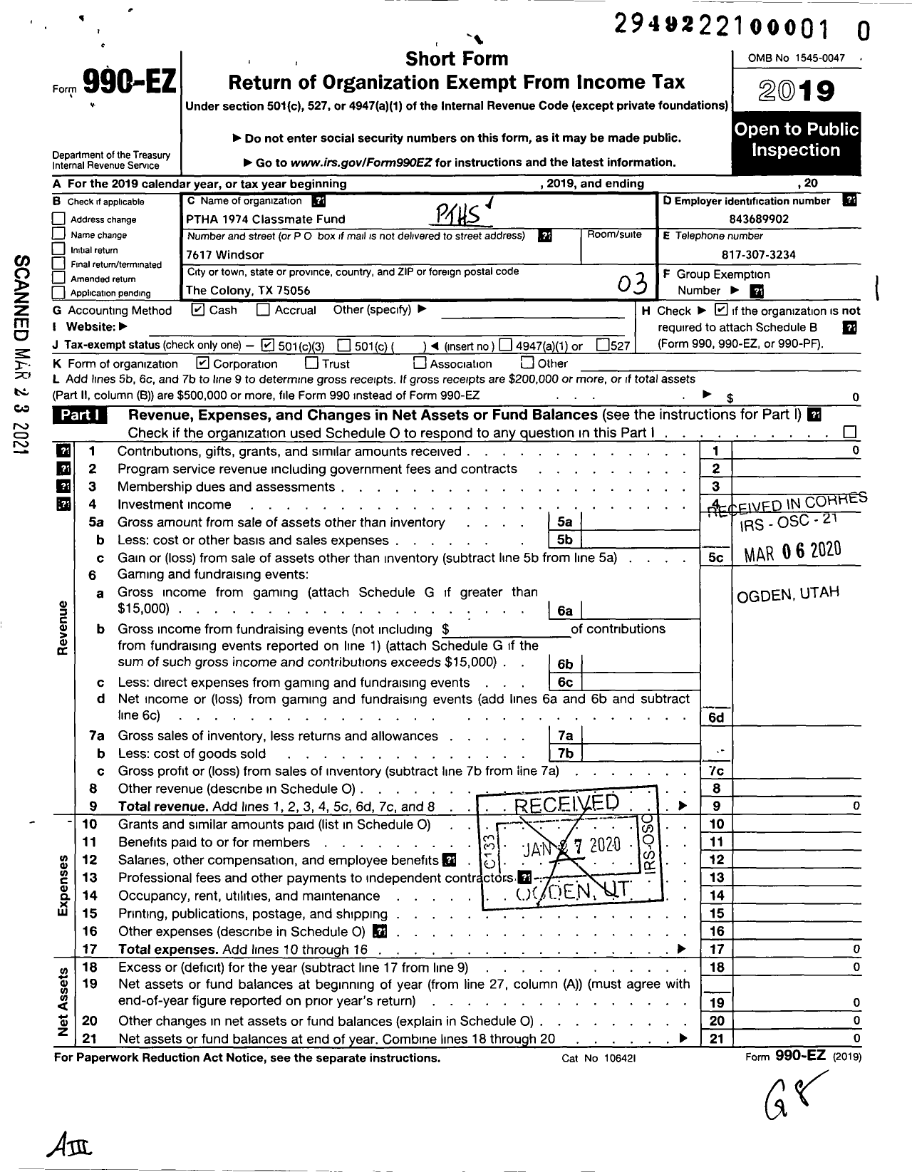 Image of first page of 2019 Form 990EZ for PTHS 1974 Classmate Fund