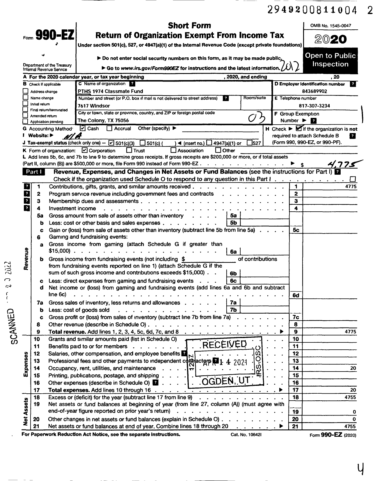 Image of first page of 2020 Form 990EZ for PTHS 1974 Classmate Fund