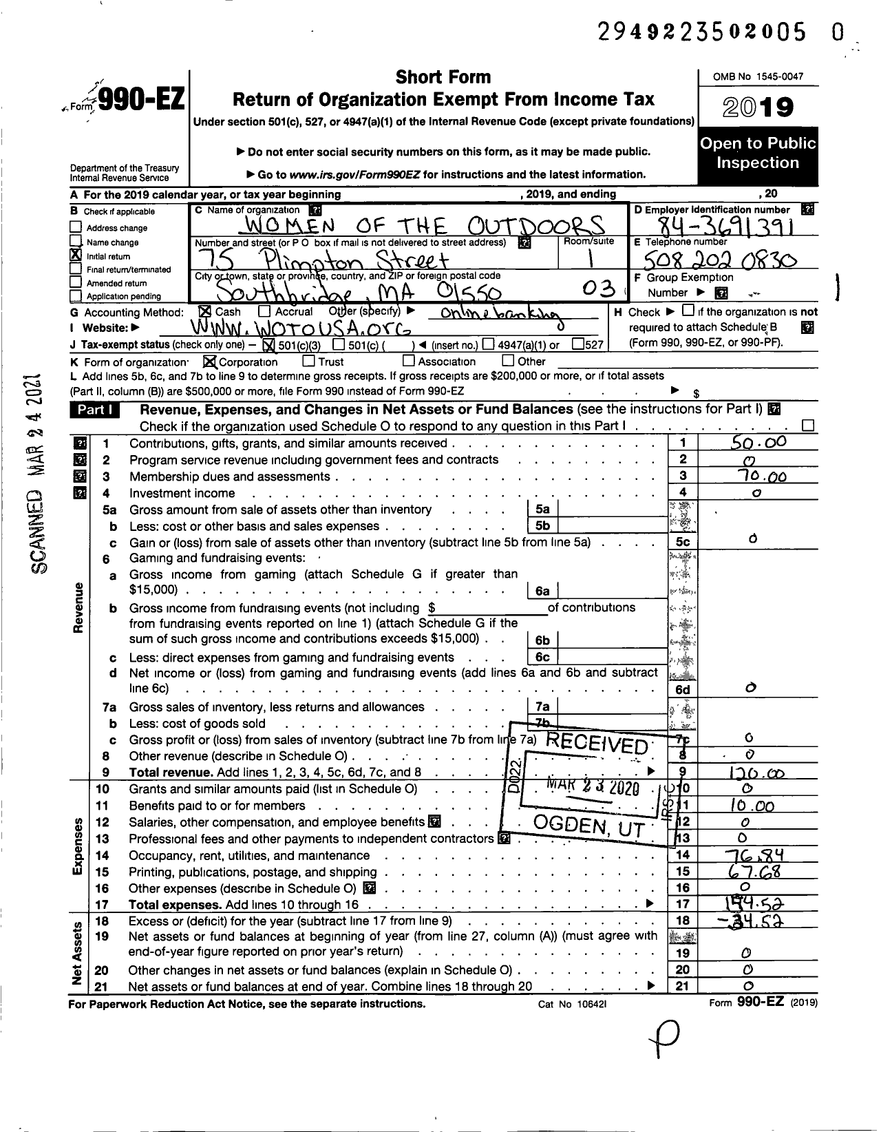 Image of first page of 2020 Form 990EZ for Women of the Outdoors