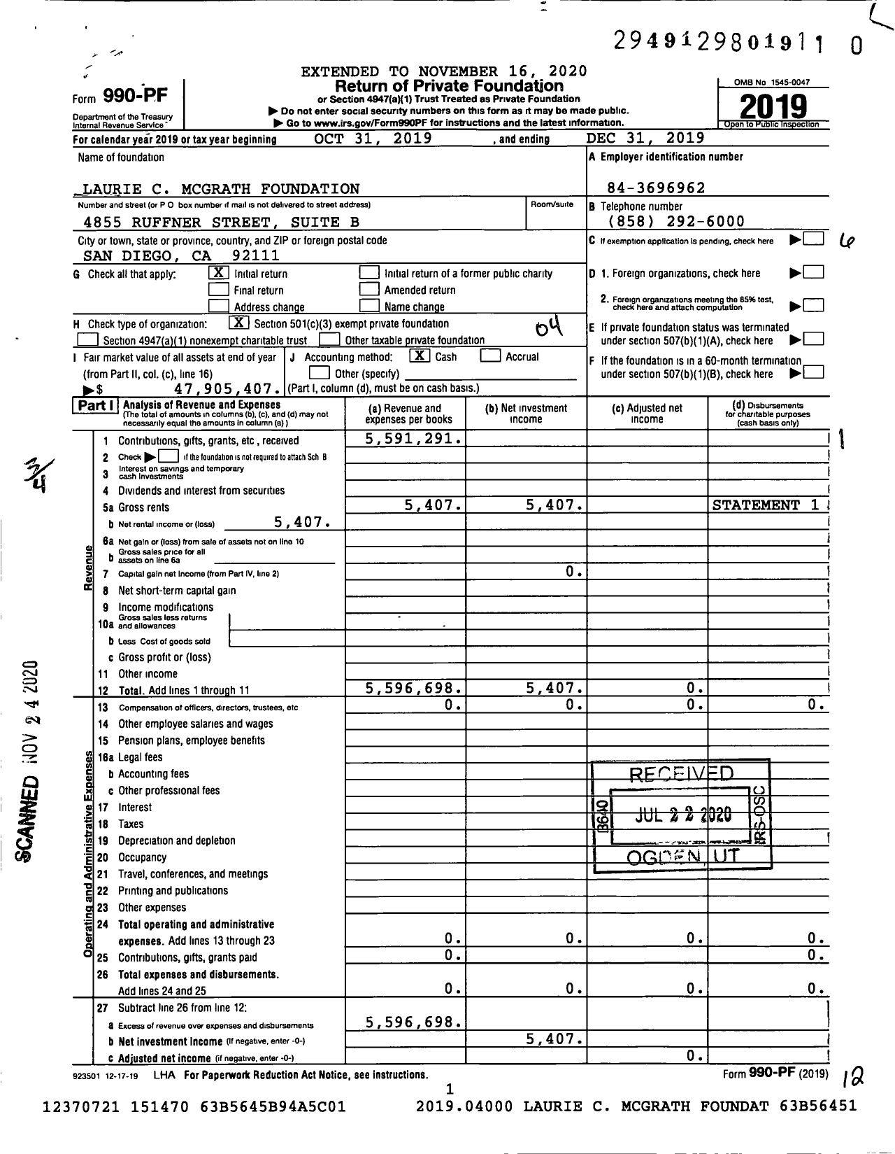 Image of first page of 2019 Form 990PF for Laurie C Mcgrath Foundation