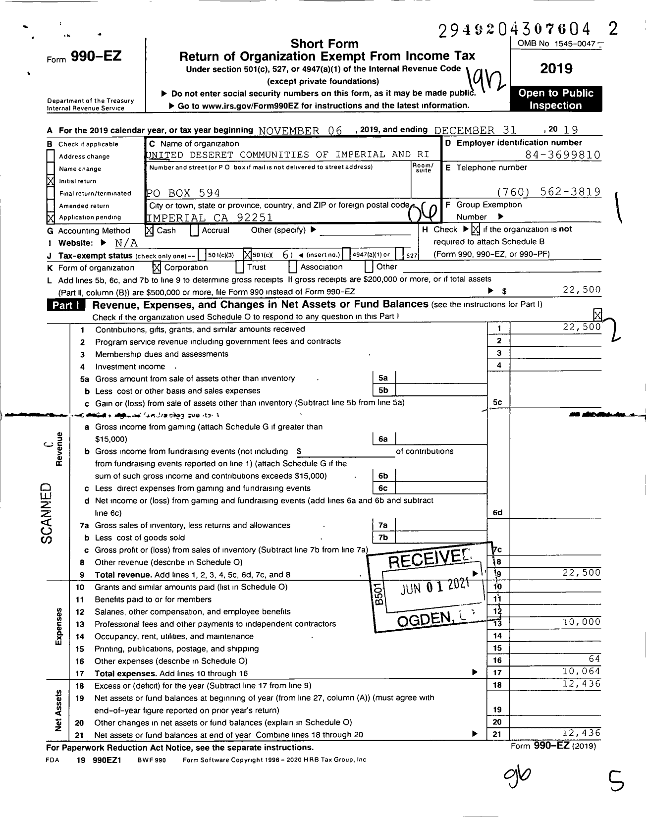 Image of first page of 2019 Form 990EO for United Deseret Communities of Imperial and Riverside Counties