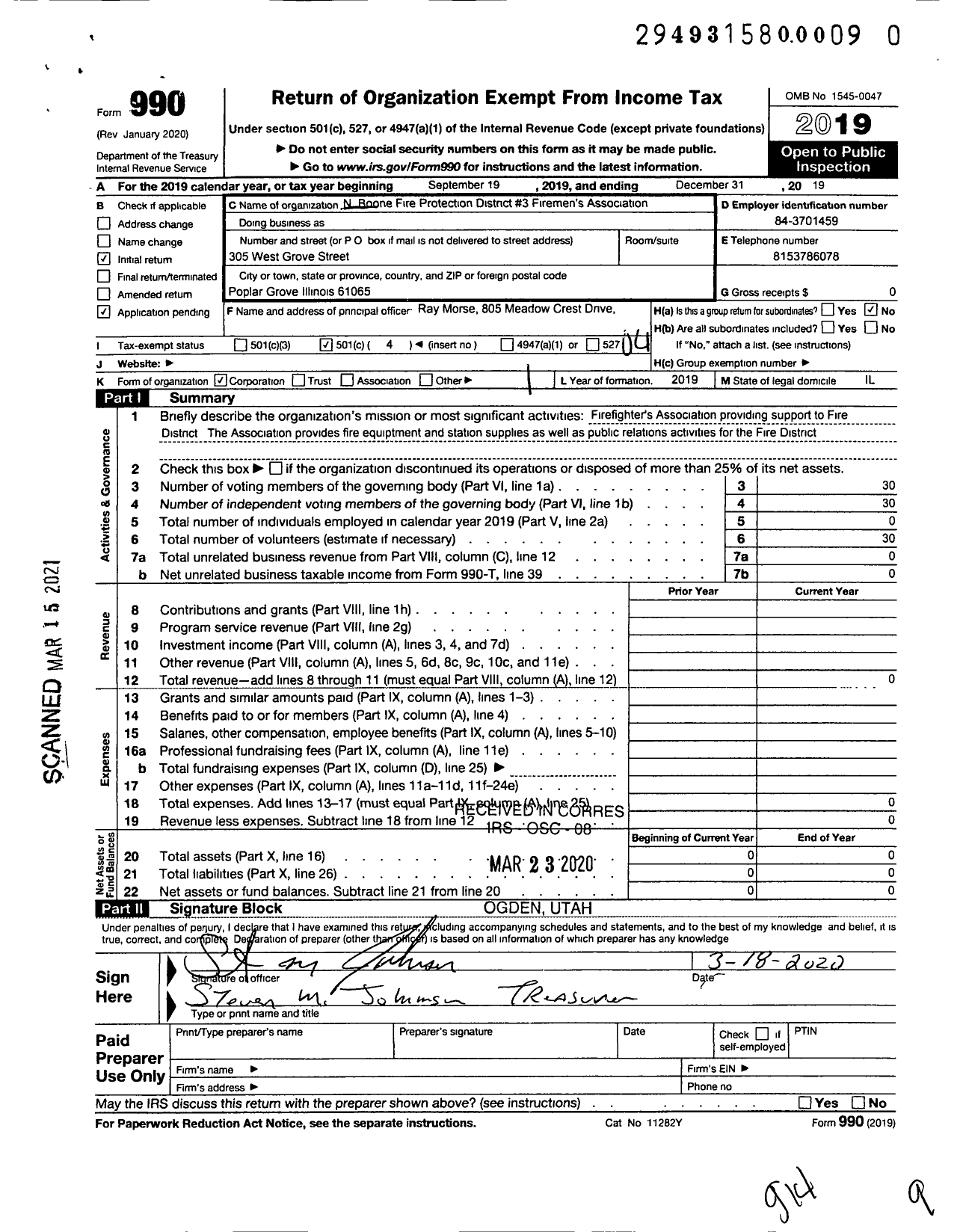Image of first page of 2019 Form 990O for N Boone Fire Protection District 3 Firemens Association