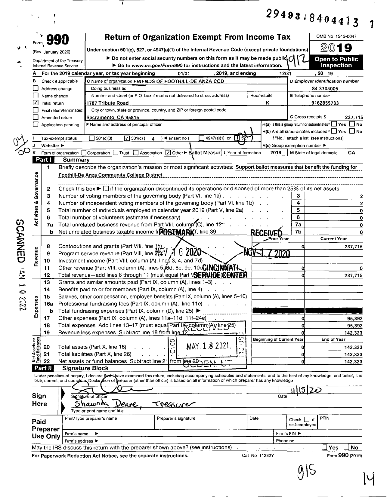 Image of first page of 2019 Form 990O for Friends of Foothill-De Anza CCD