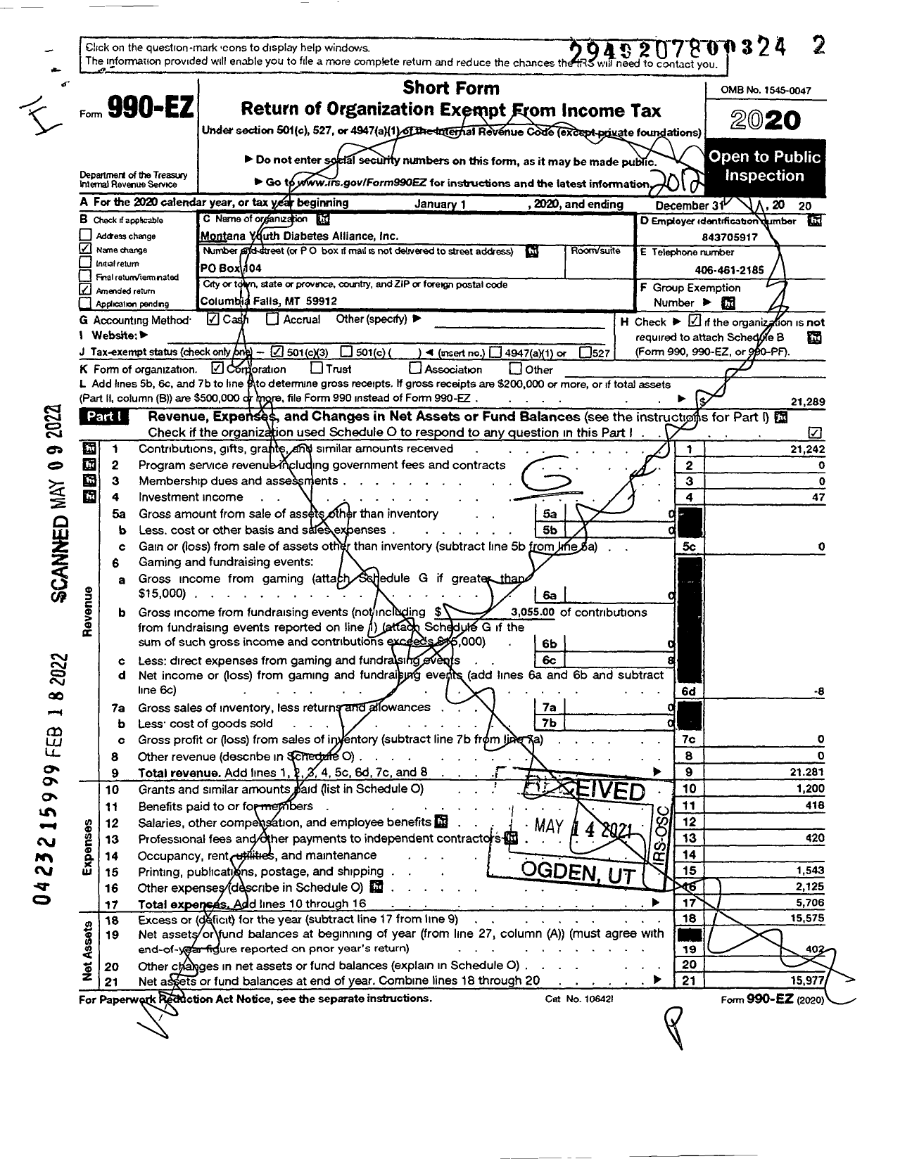 Image of first page of 2020 Form 990EZ for Montana Youth Diabetes Alliance