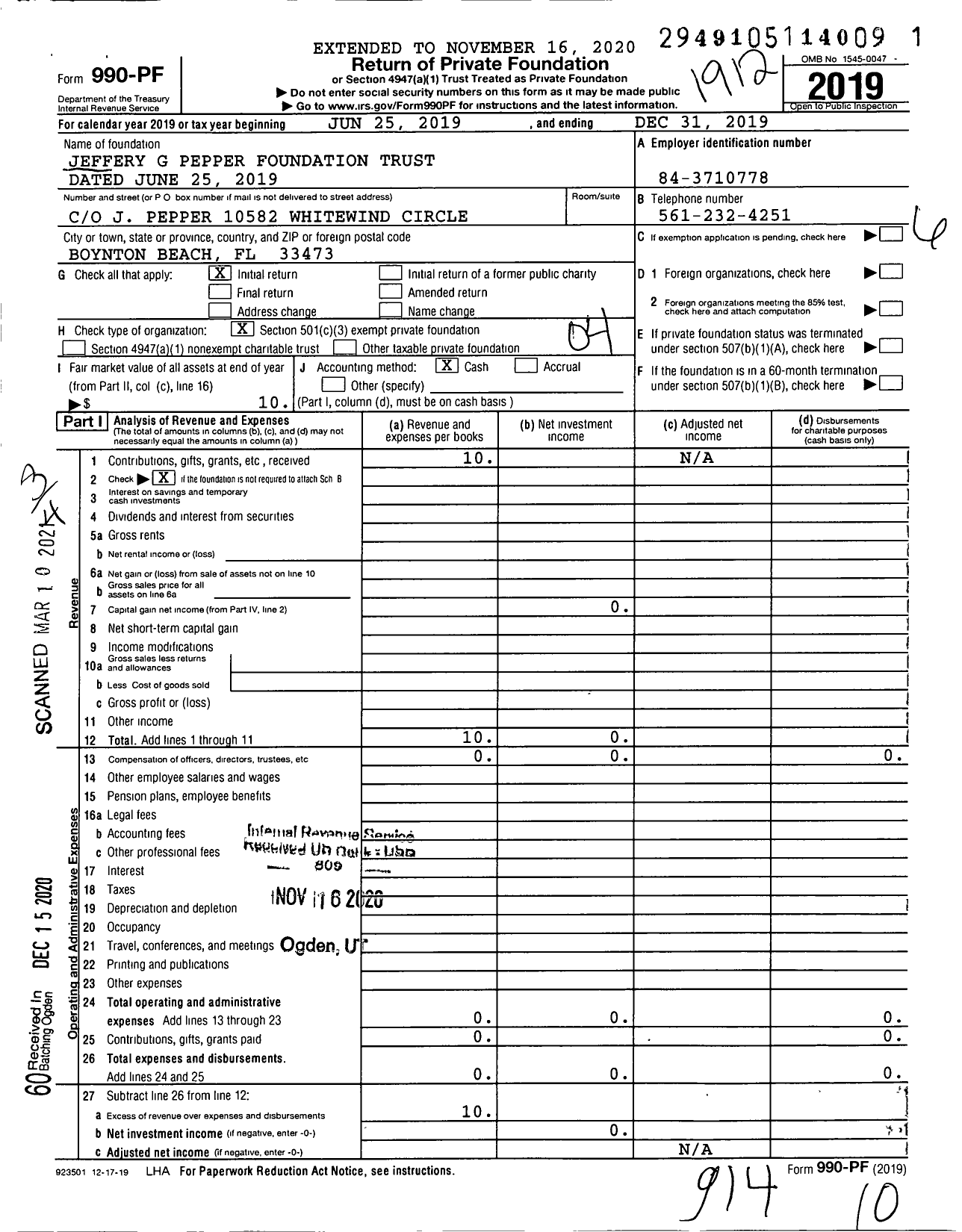 Image of first page of 2019 Form 990PF for Jeffrey G Pepper Foundation Trust Dated June 25 2019