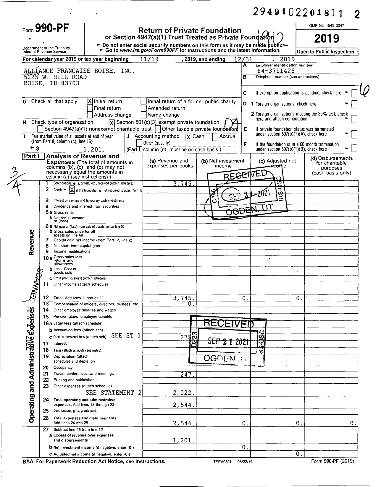 Image of first page of 2019 Form 990PF for Alliance Francaise Boise