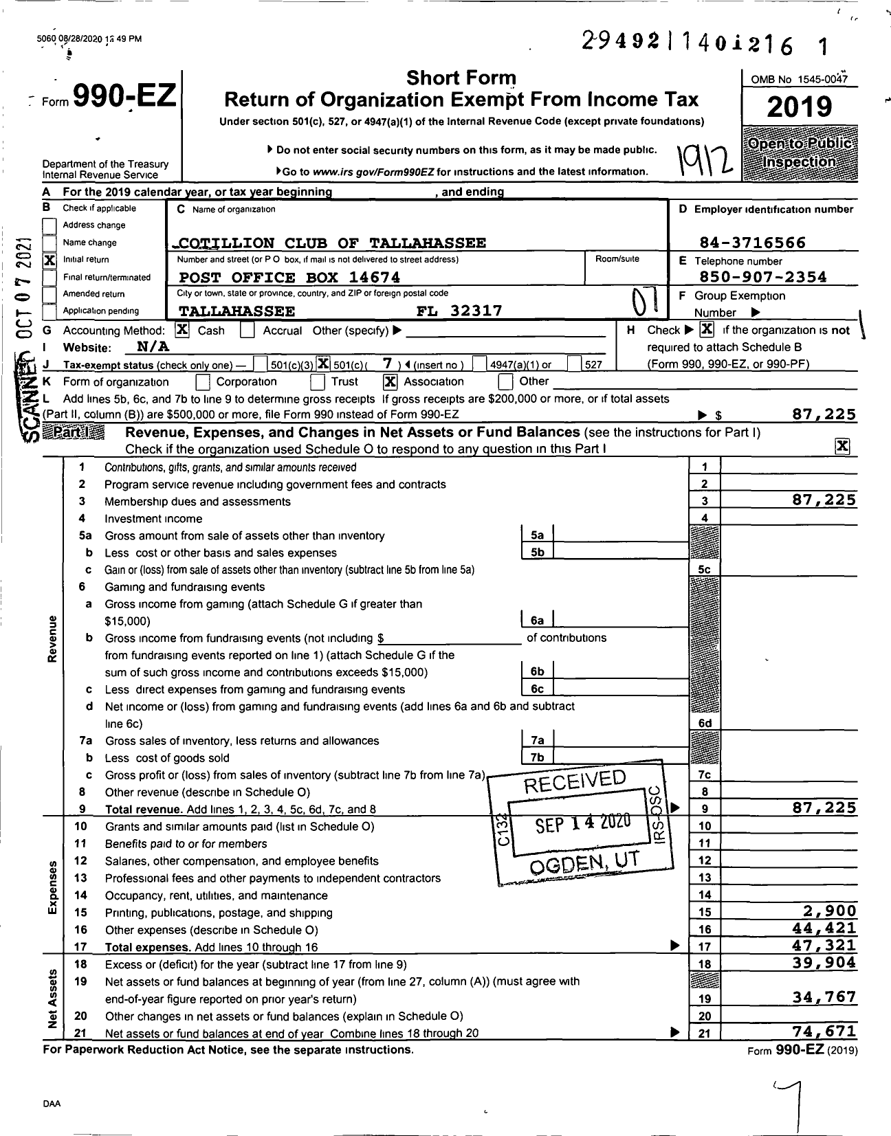 Image of first page of 2019 Form 990EO for Cotillion Club of Tallahassee