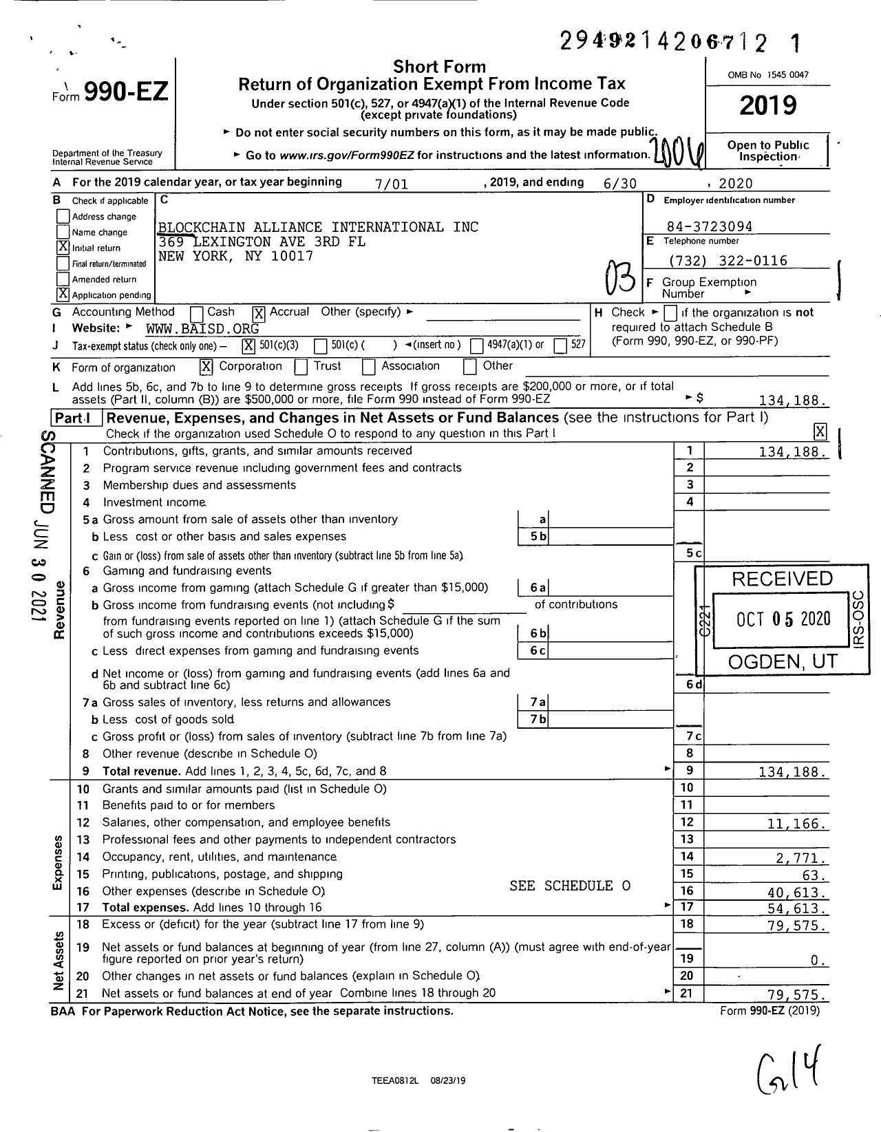 Image of first page of 2019 Form 990EZ for Blockchain Alliance International