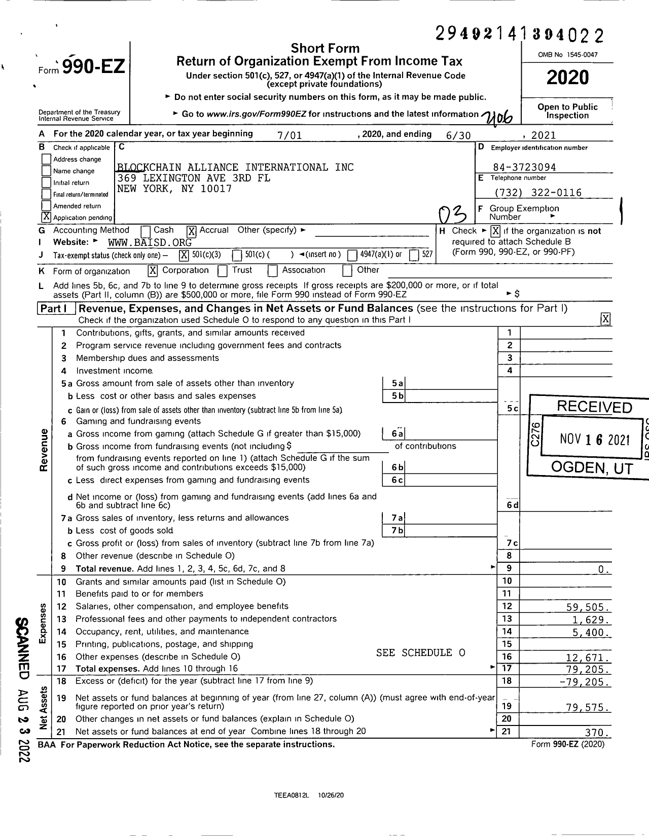 Image of first page of 2020 Form 990EZ for Blockchain Alliance International