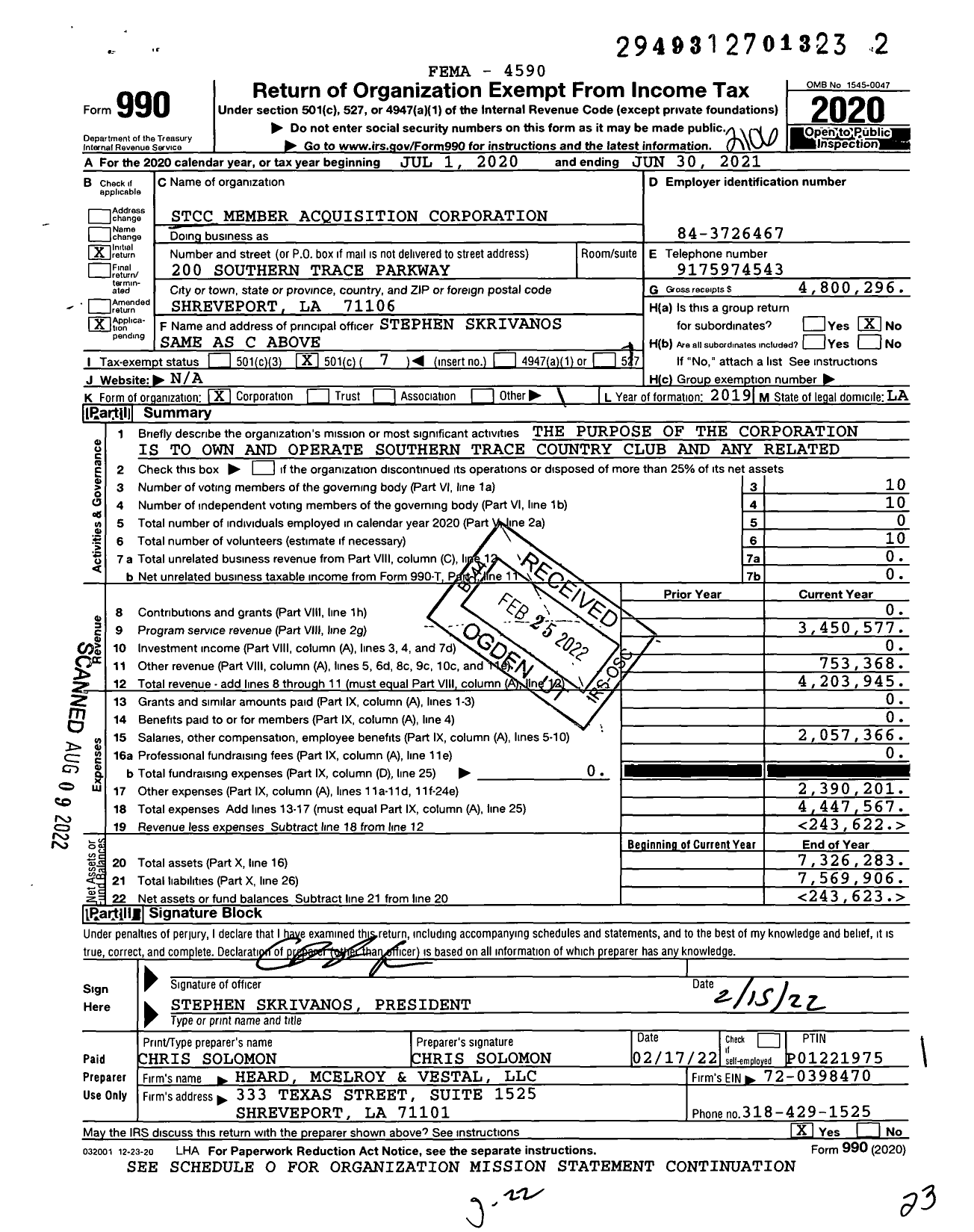 Image of first page of 2020 Form 990O for STCC Member Acquisition Corporation