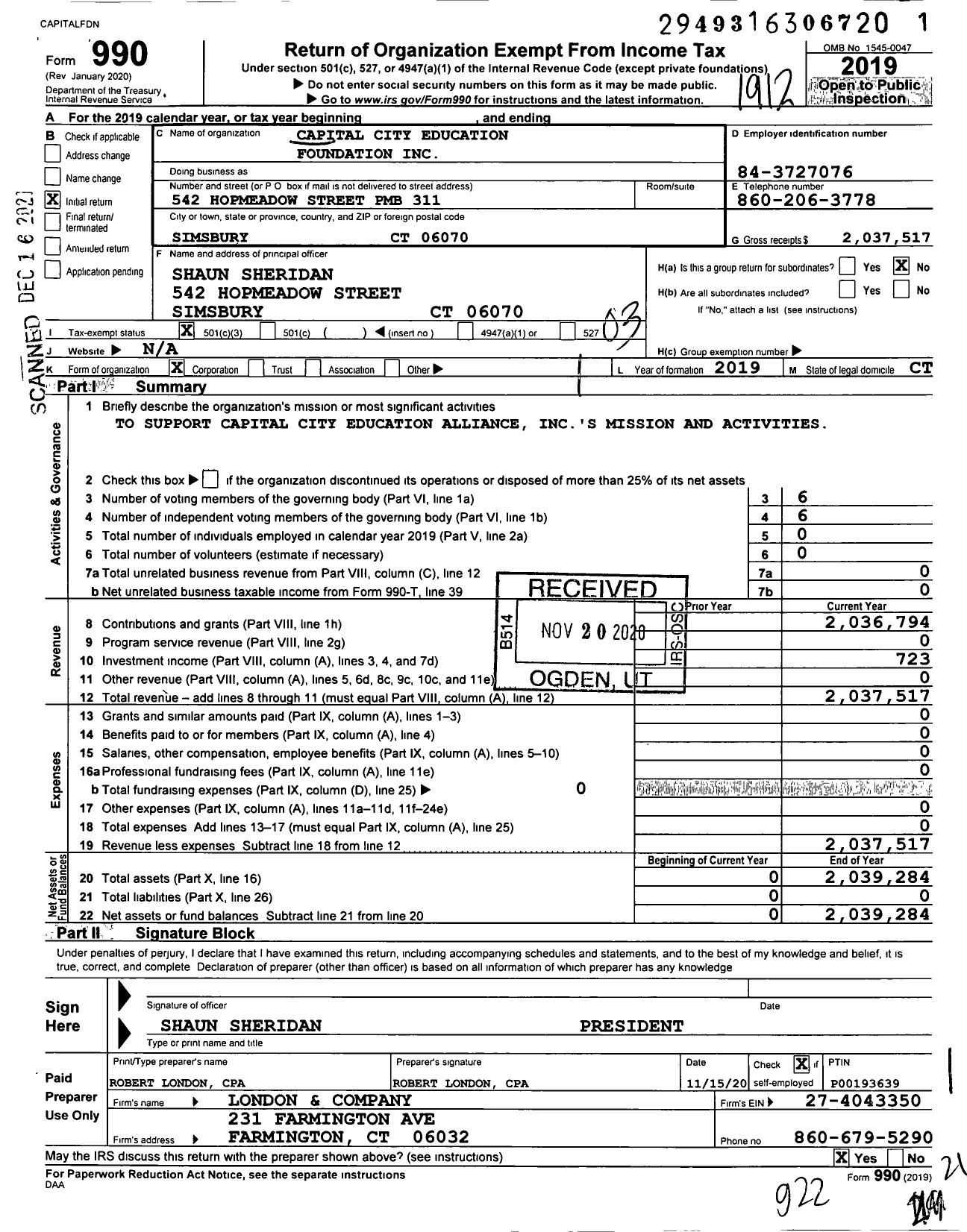 Image of first page of 2019 Form 990 for Capital City Education Foundation