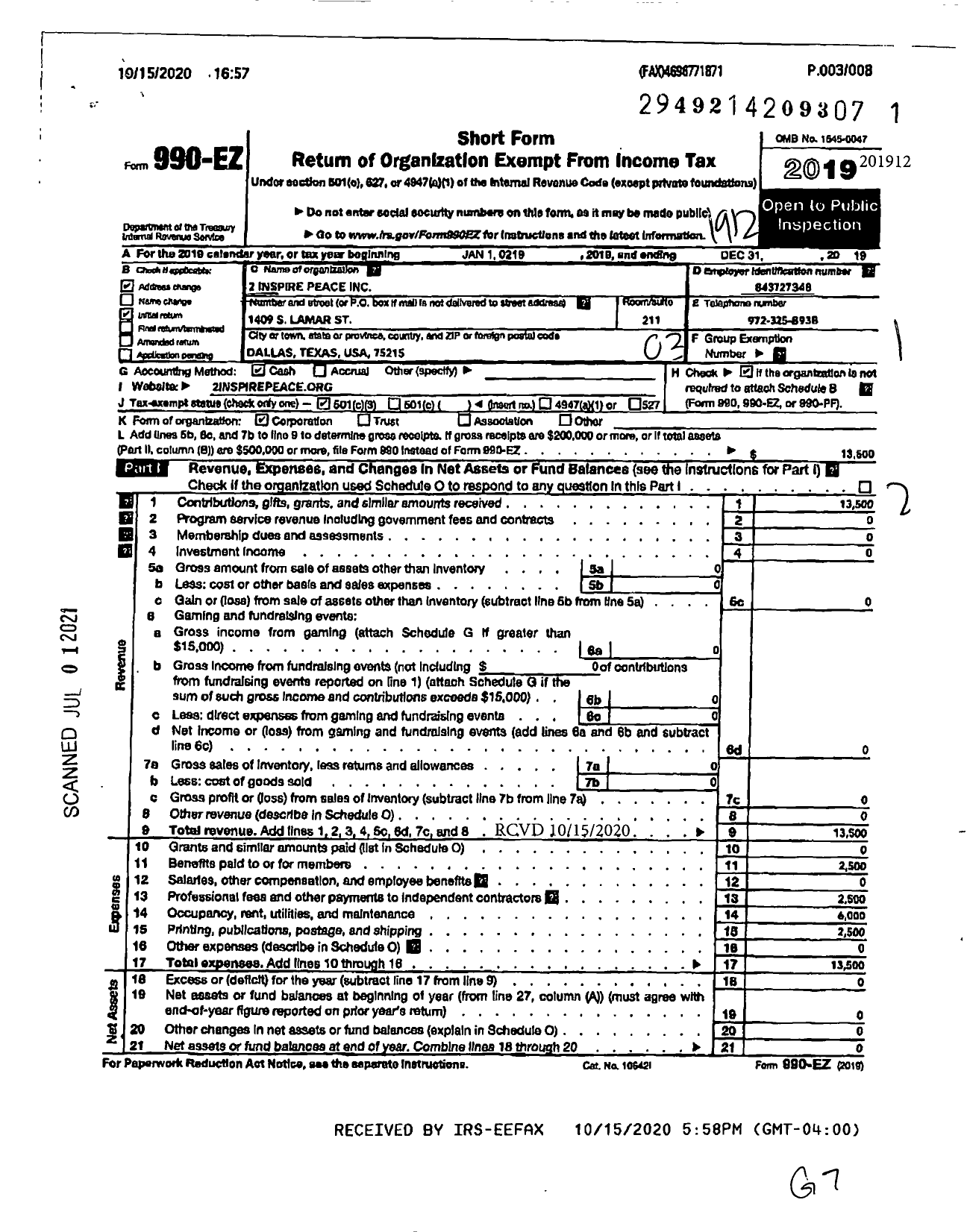 Image of first page of 2019 Form 990EZ for 2 Inspire Peace