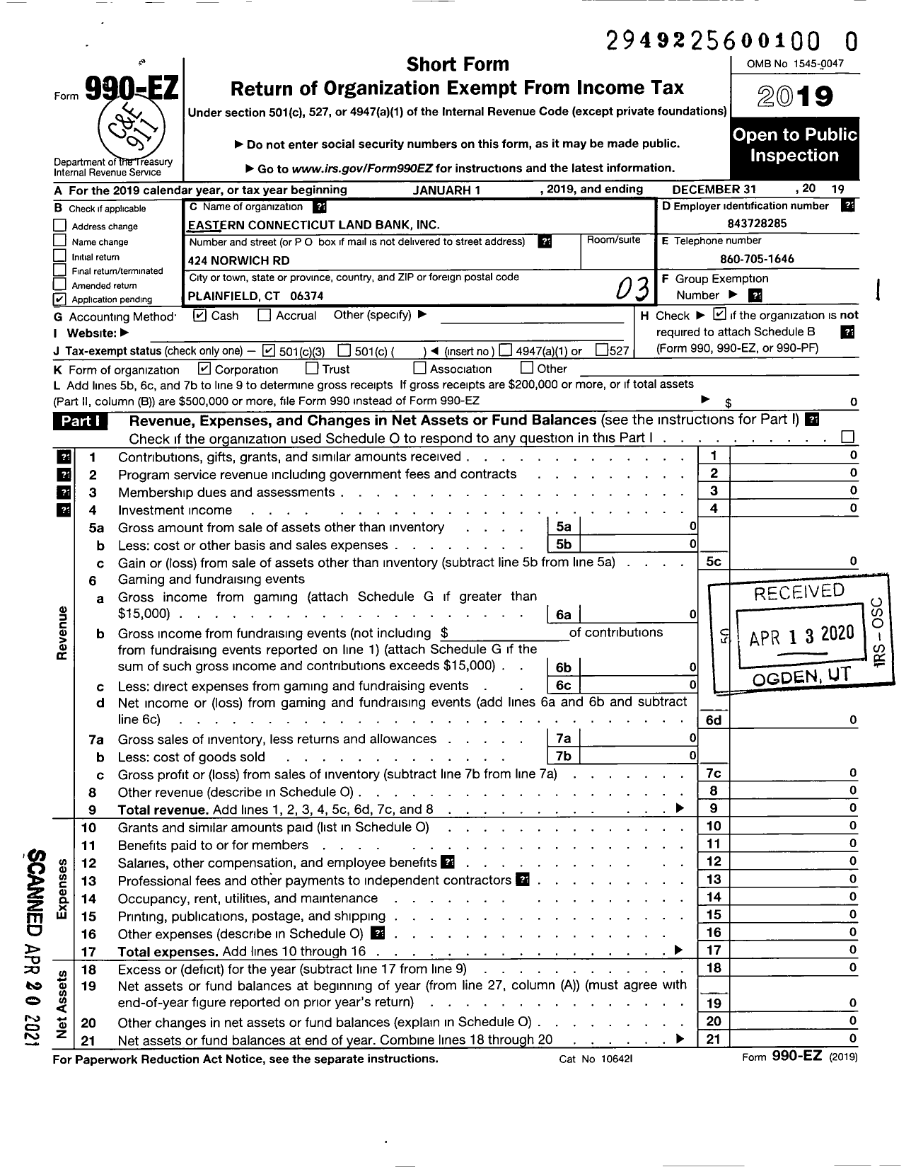 Image of first page of 2019 Form 990EZ for Eastern Connecticut Land Bank