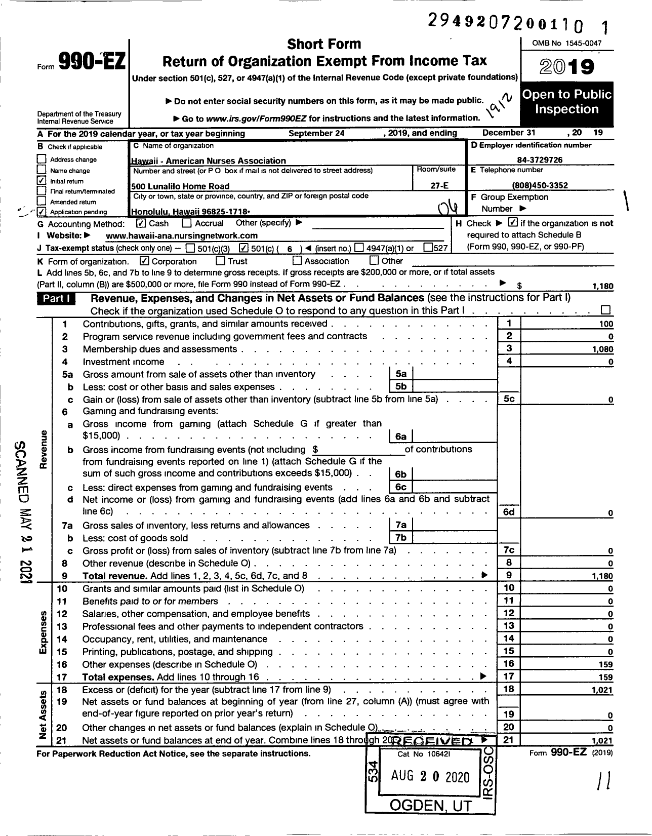 Image of first page of 2019 Form 990EO for Hawai'I-American Nurses Association