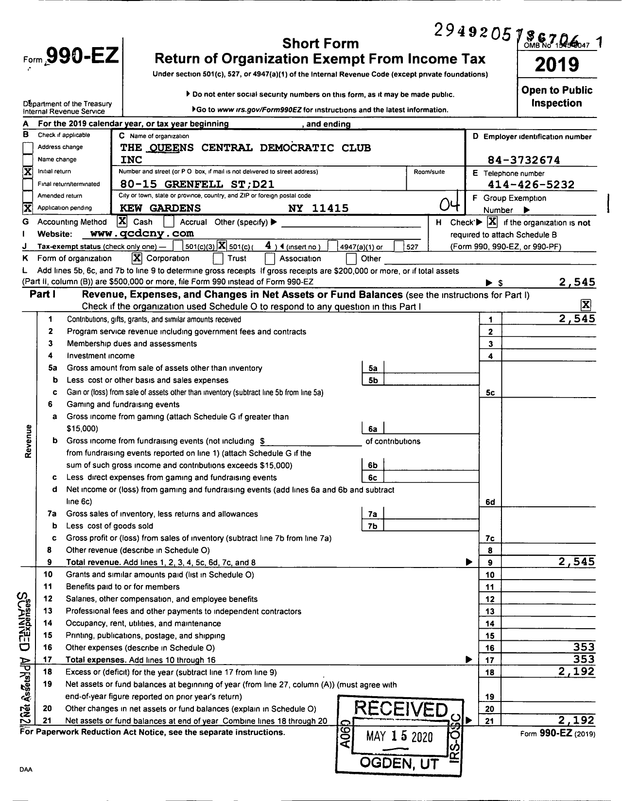 Image of first page of 2019 Form 990EO for Queens Central Democratic Club