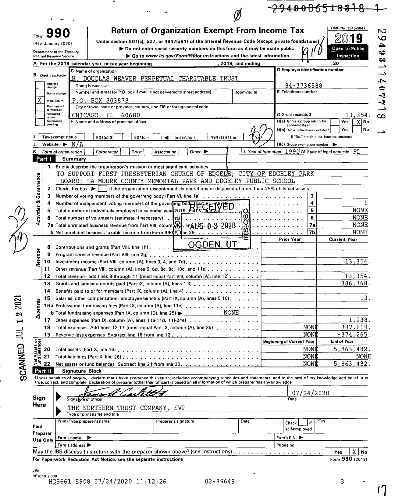 Image of first page of 2019 Form 990 for H DOUGLAS WEAVER PERPETUAL CHArITABLE TRUST