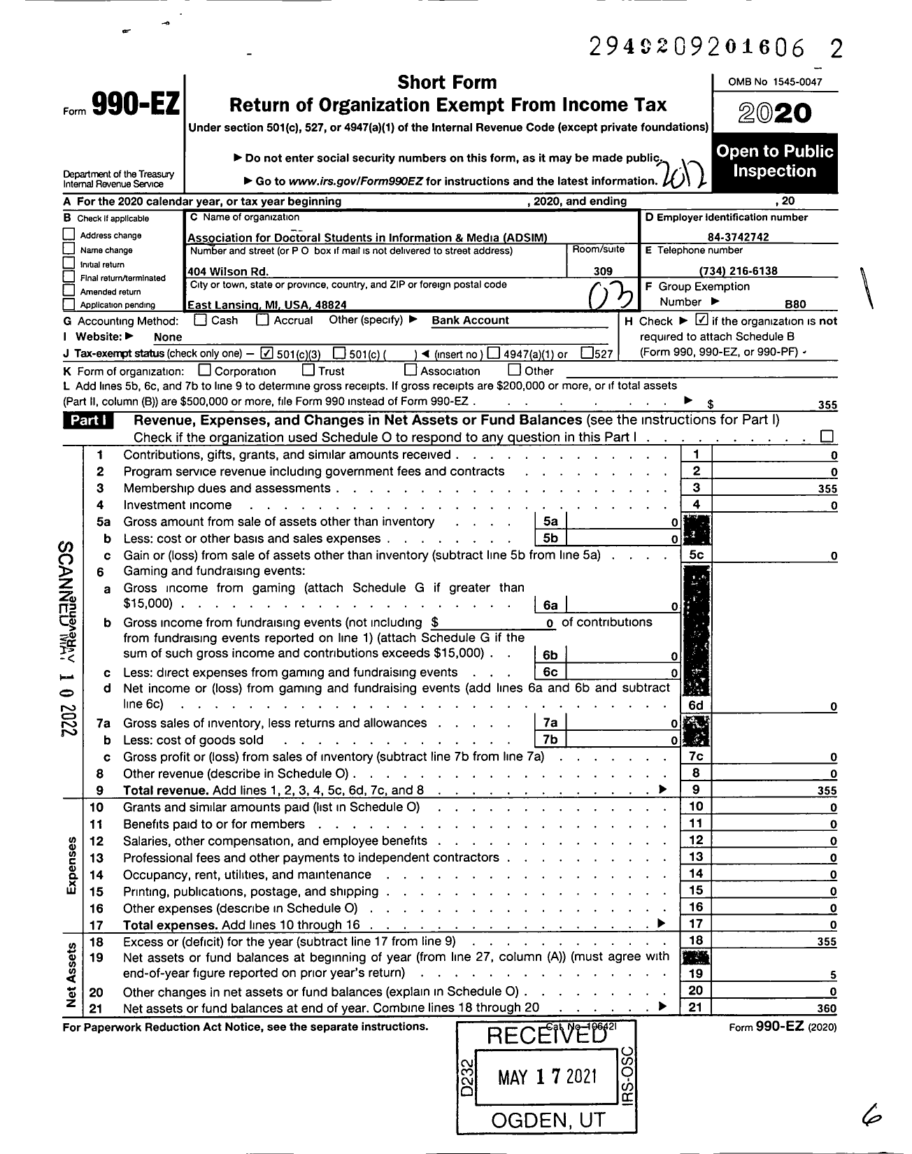 Image of first page of 2020 Form 990EZ for Association for Doctoral Students in Information and Media