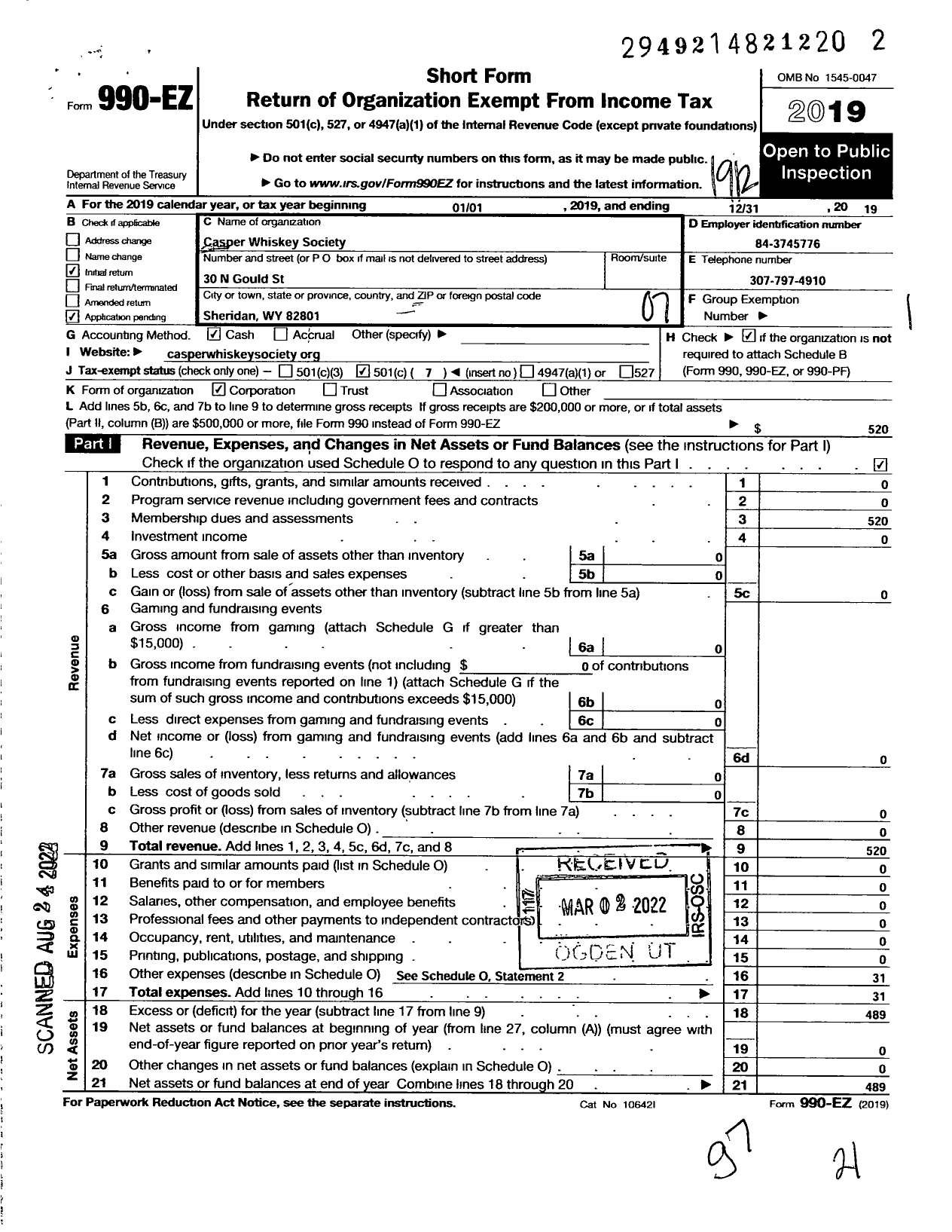 Image of first page of 2019 Form 990EO for Casper Whiskey Society