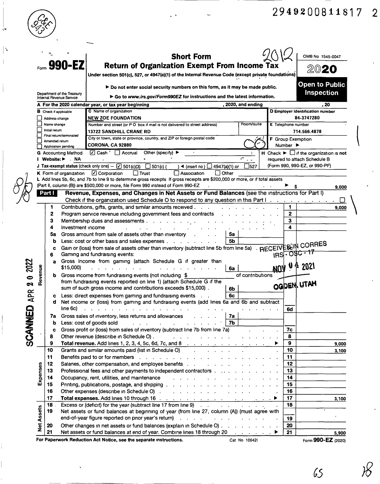 Image of first page of 2020 Form 990EO for New Zoe Foundation