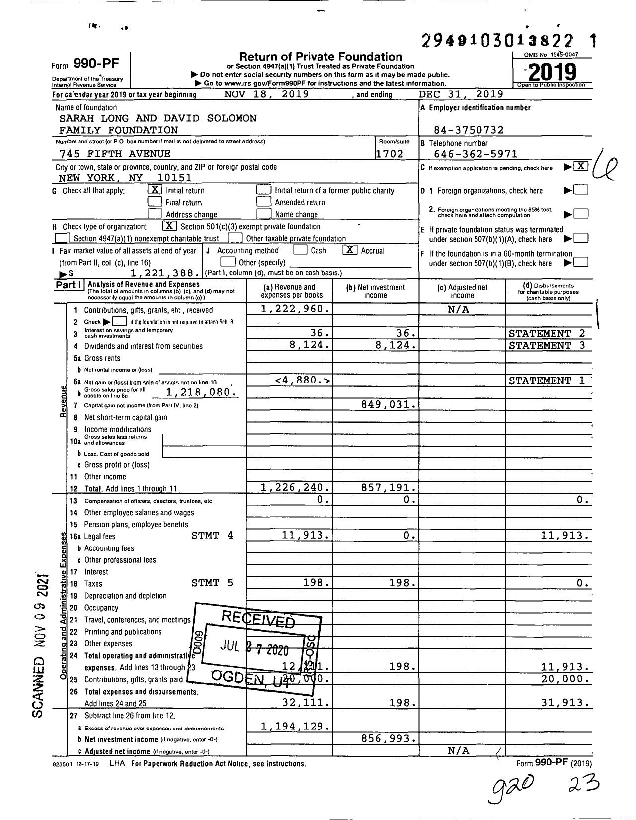 Image of first page of 2019 Form 990PF for Sarah Long and David Solomon Family Foundation