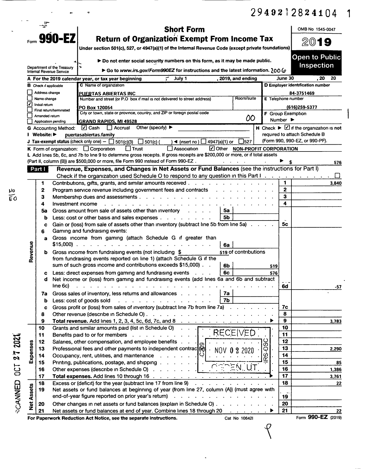Image of first page of 2019 Form 990EO for Puertas Abiertas