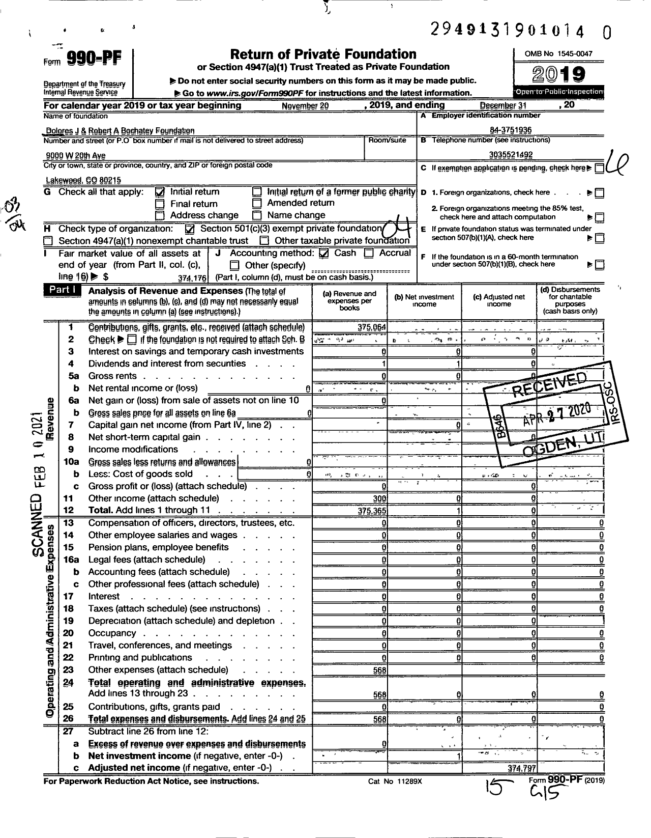 Image of first page of 2019 Form 990PF for Dolores J & Robert A Bochatey Foundation