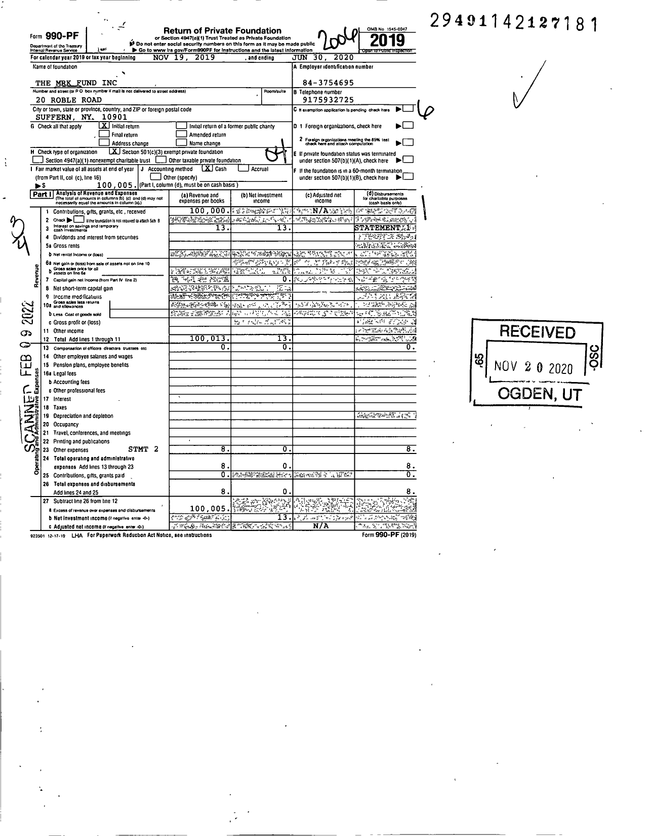 Image of first page of 2019 Form 990PF for The MRK Fund