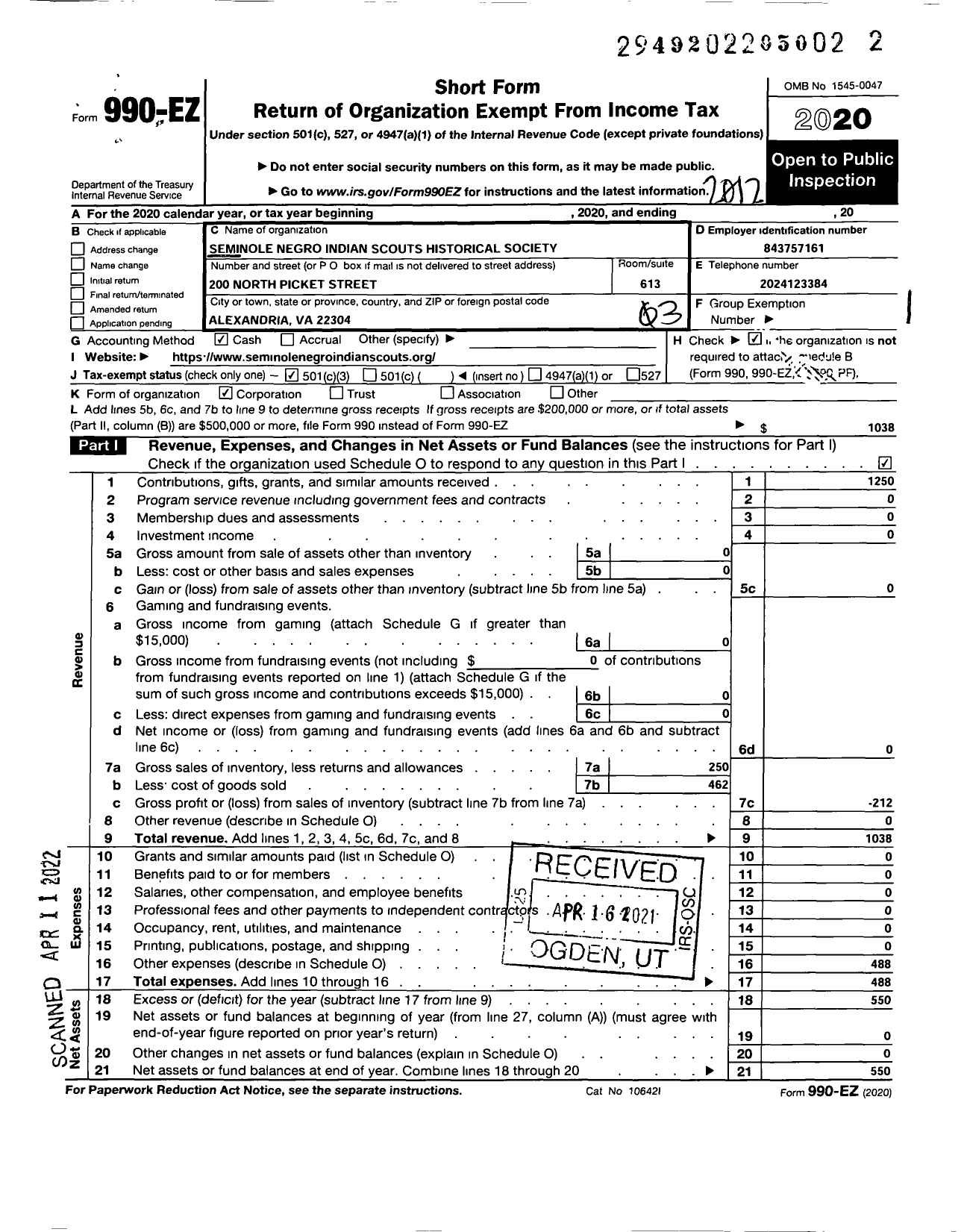 Image of first page of 2020 Form 990EZ for Seminole Negro Indian Scouts Historical Society