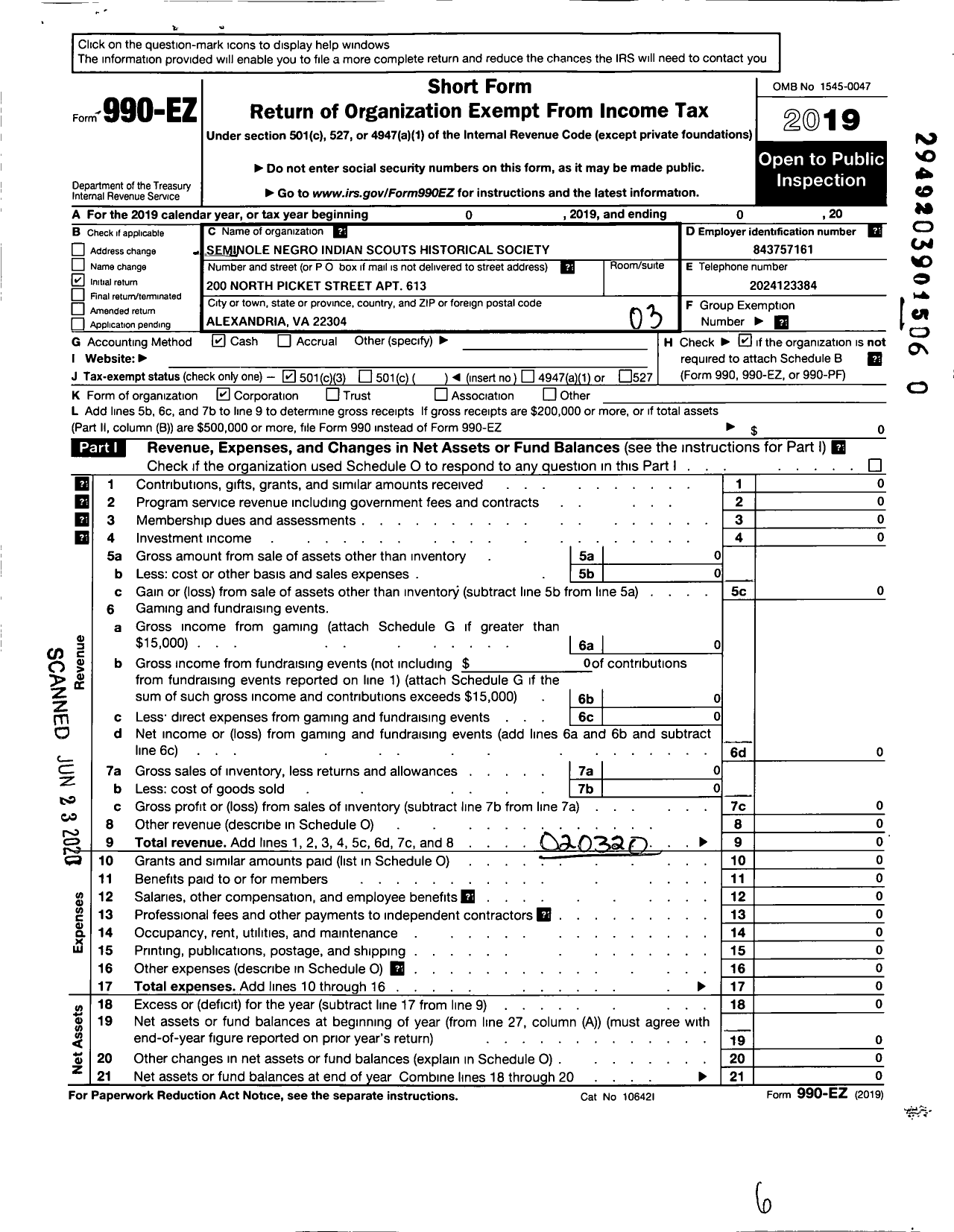 Image of first page of 2019 Form 990EZ for Seminole Negro Indian Scouts Historical Society