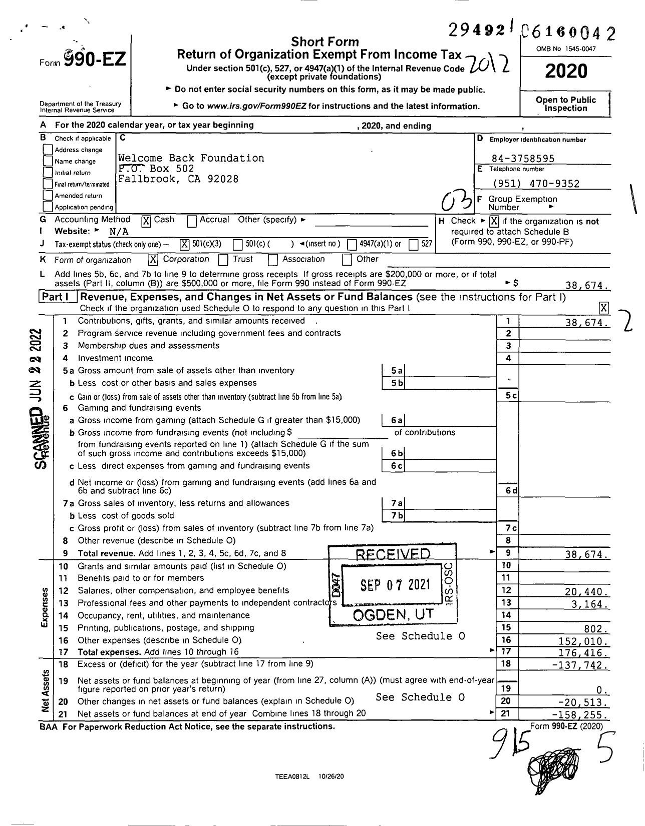 Image of first page of 2020 Form 990EZ for Welcome Back Foundation