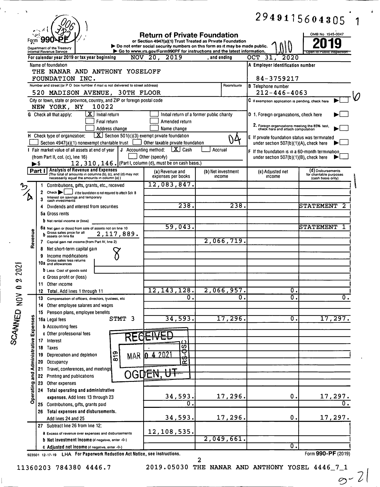 Image of first page of 2019 Form 990PF for The Nanar and Anthony Yoseloff Foundation