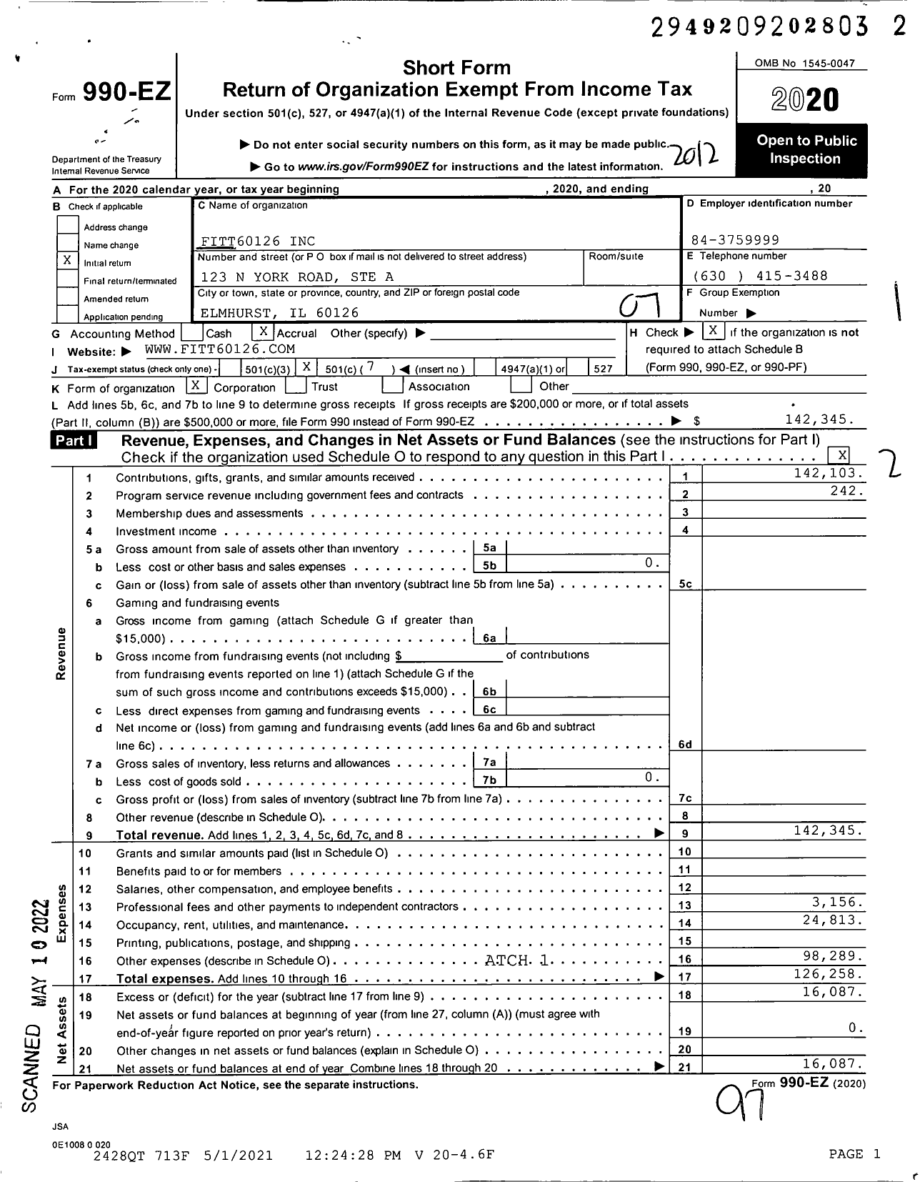 Image of first page of 2020 Form 990EO for Fitt60126