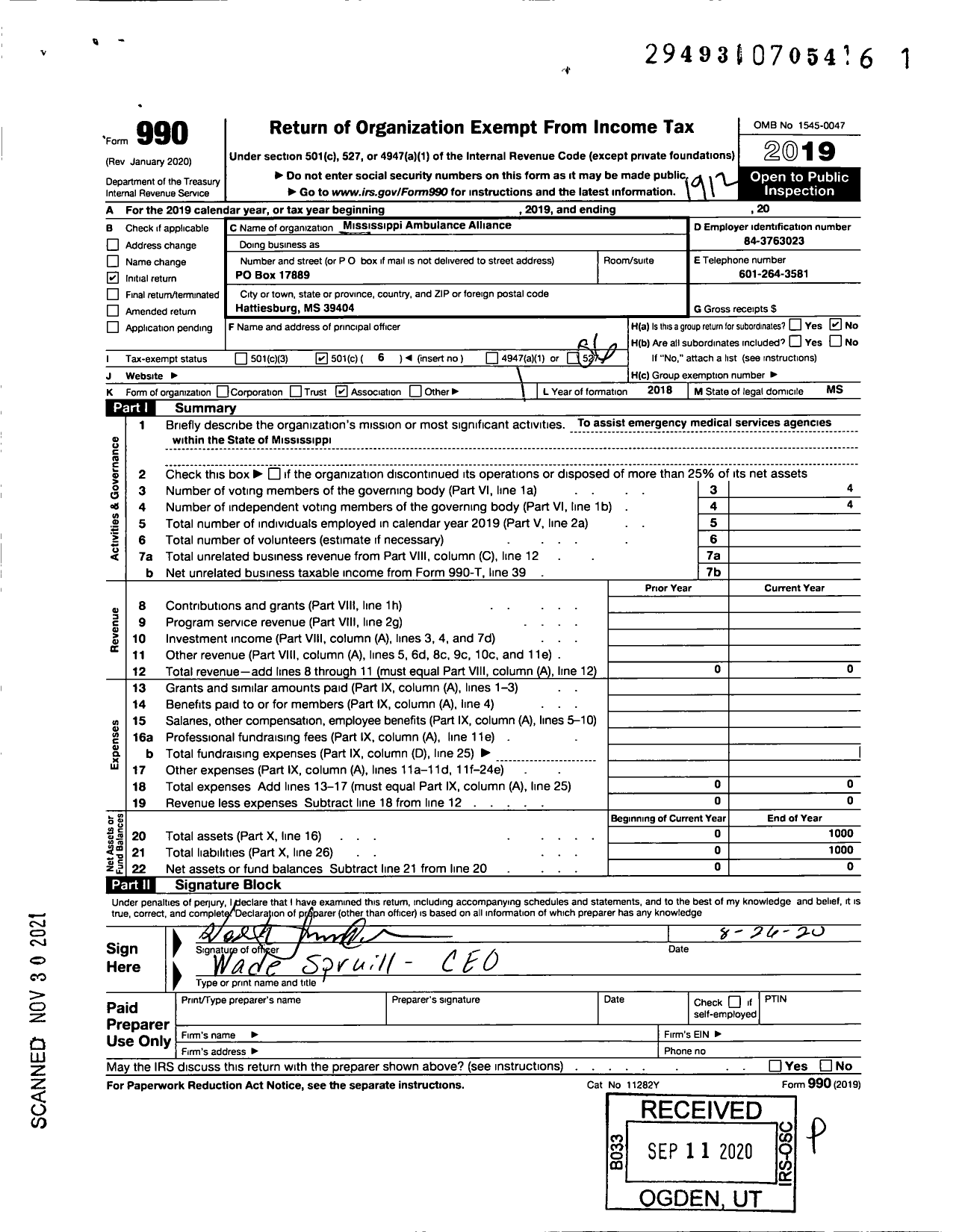 Image of first page of 2019 Form 990O for Mississippi Ambulance Alliance