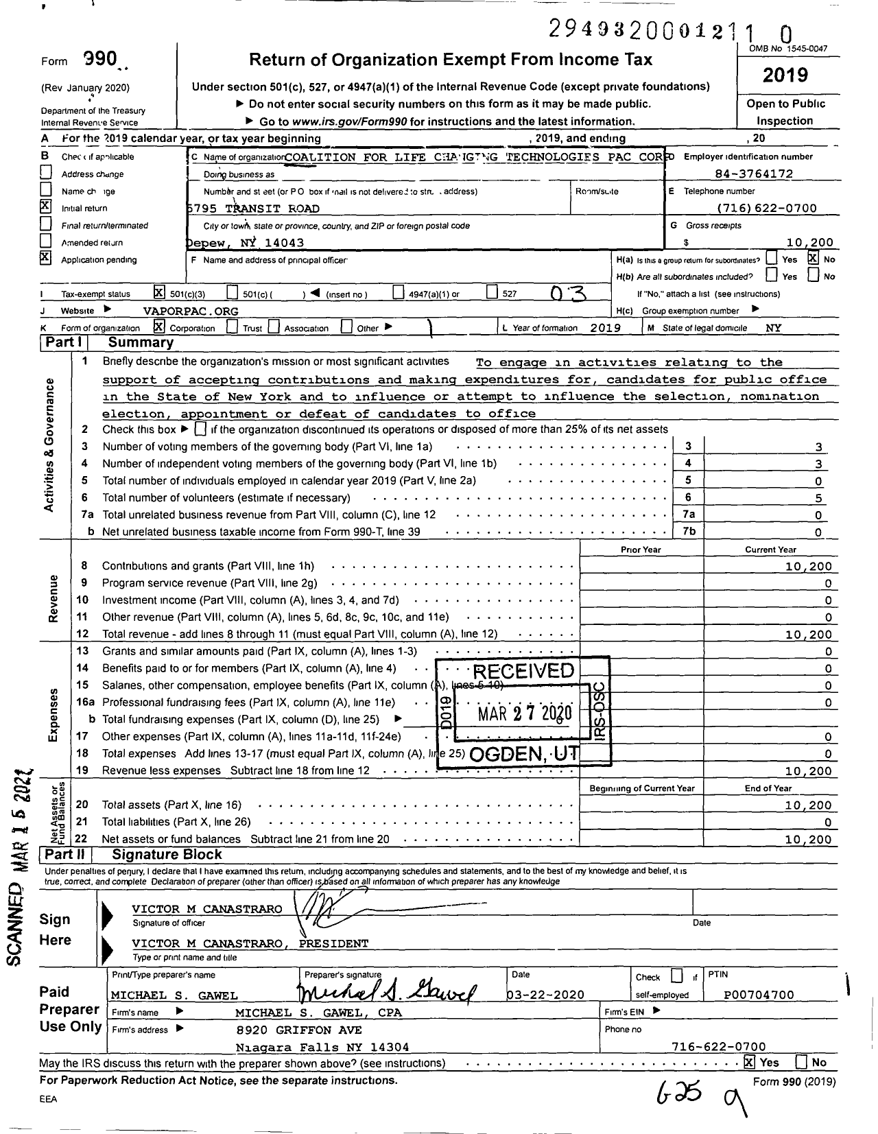 Image of first page of 2019 Form 990 for Coalition for Life Changing Technologies Pac Corporation