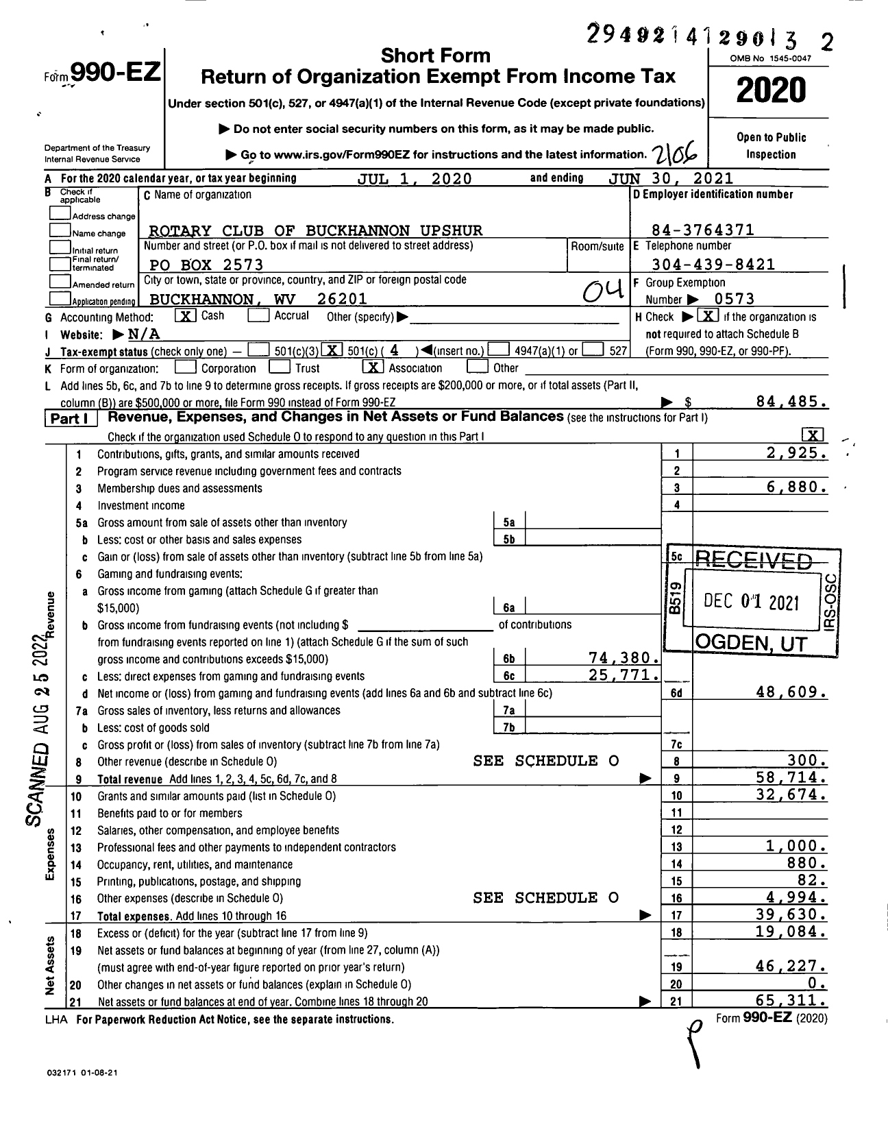 Image of first page of 2020 Form 990EO for Rotary Club of Buckhannon Upshur