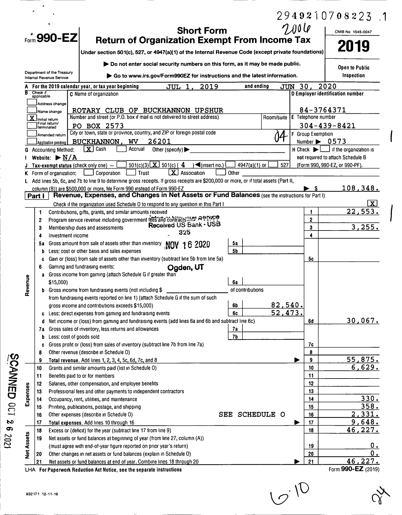 Image of first page of 2019 Form 990EO for Rotary Club of Buckhannon Upshur