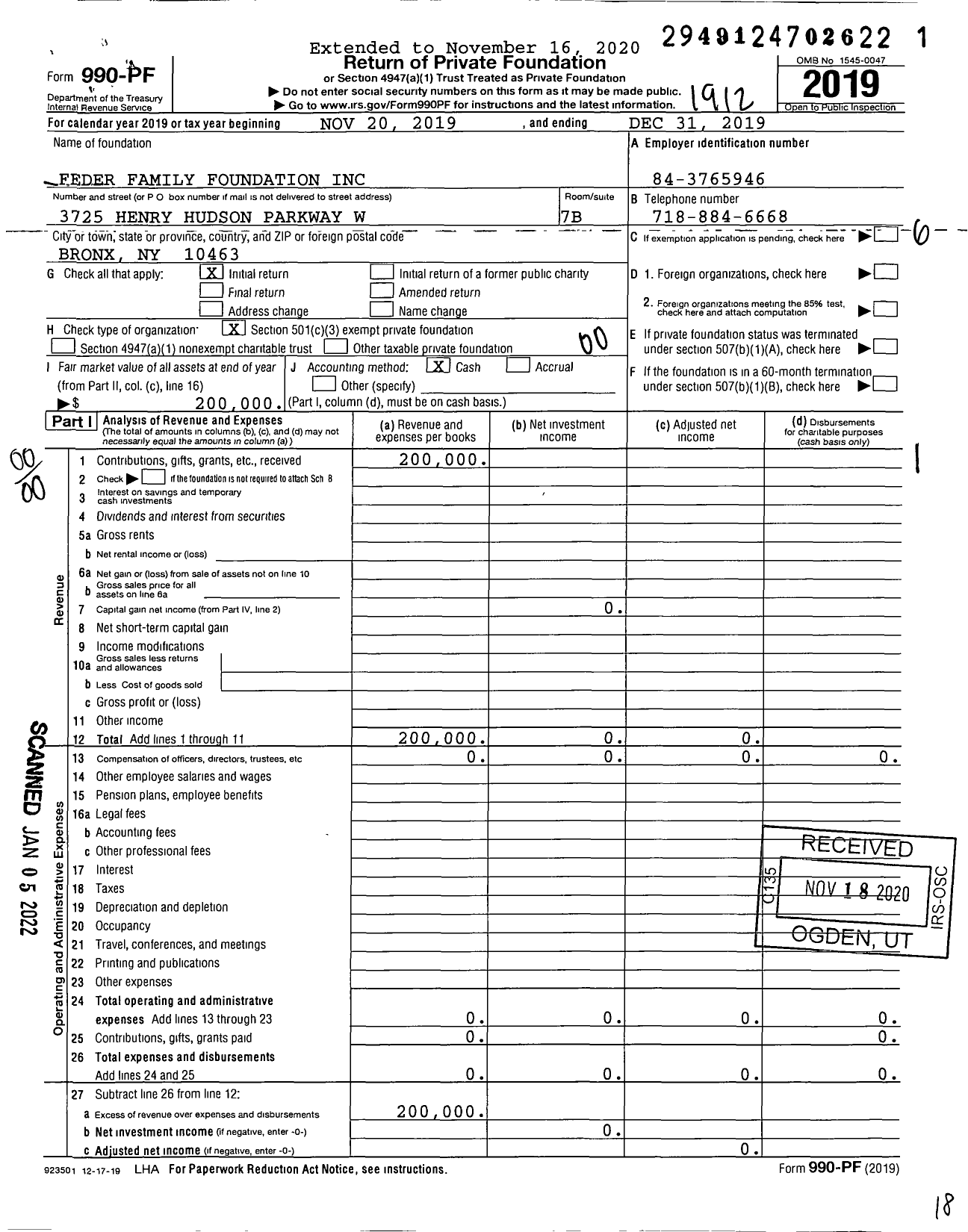 Image of first page of 2019 Form 990PF for Feder Family Foundation