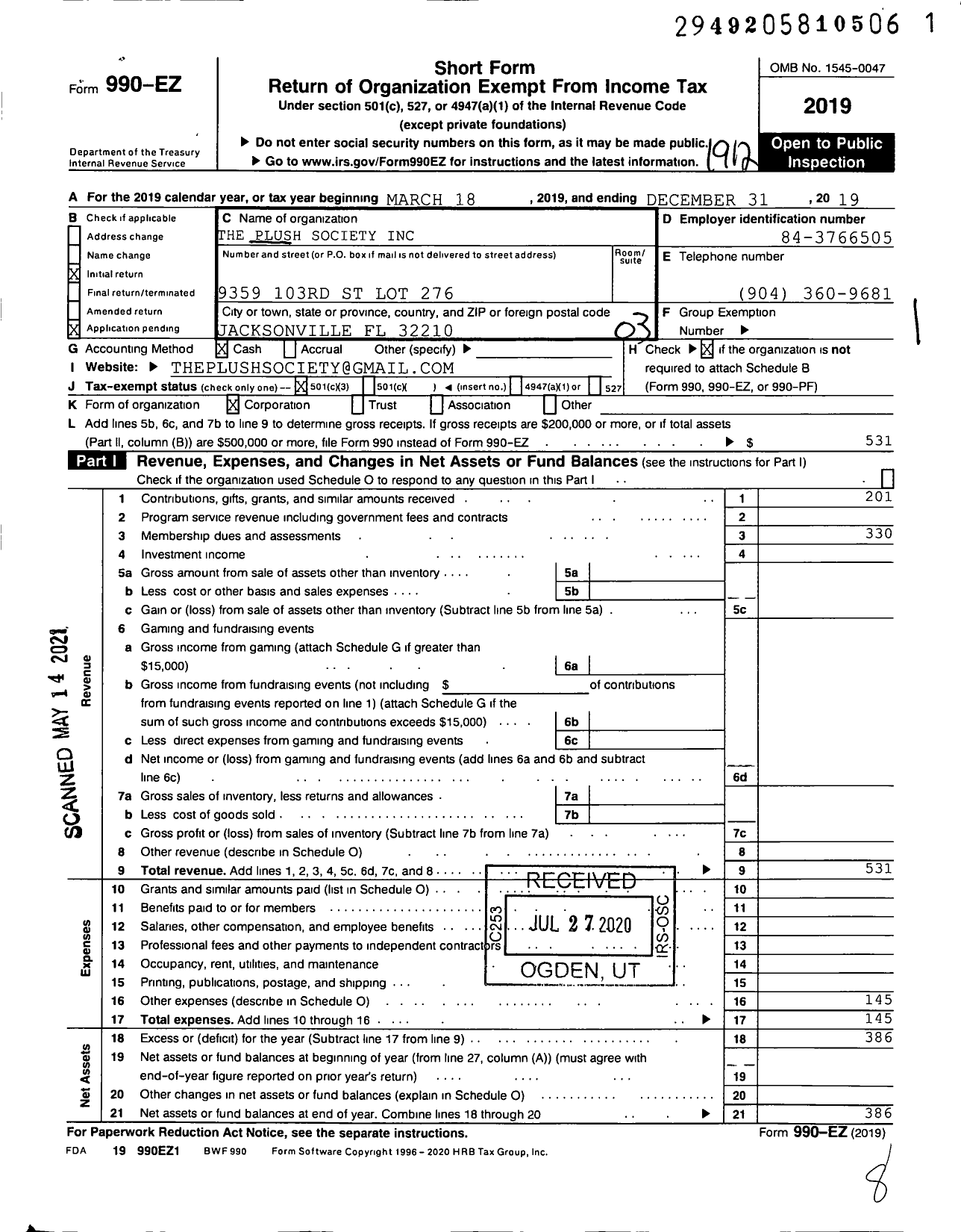 Image of first page of 2019 Form 990EZ for Plush Society