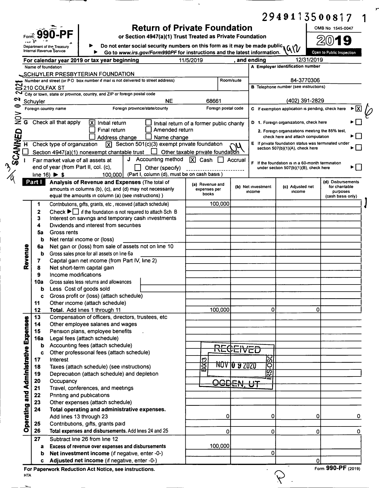 Image of first page of 2019 Form 990PF for Schuyler Presbyterian Foundation