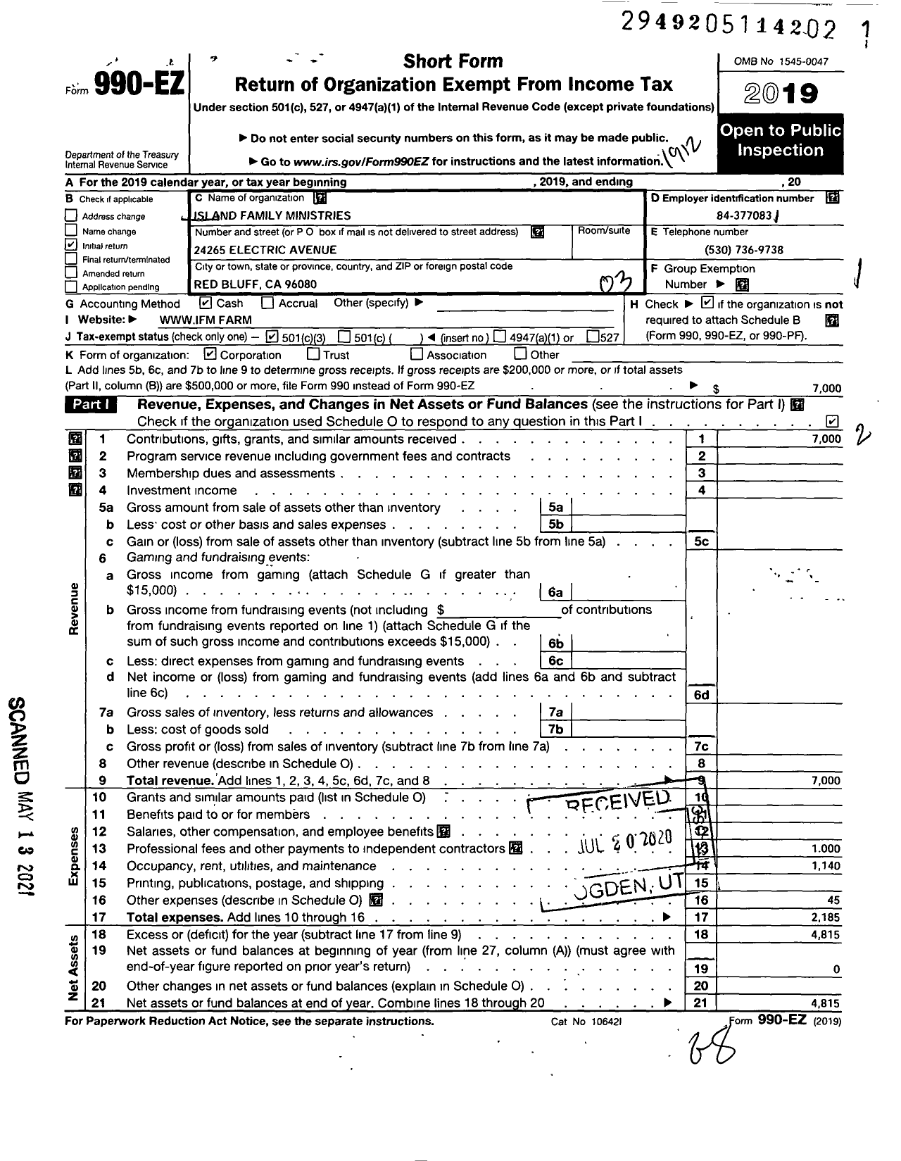 Image of first page of 2019 Form 990EZ for Island Family Ministries